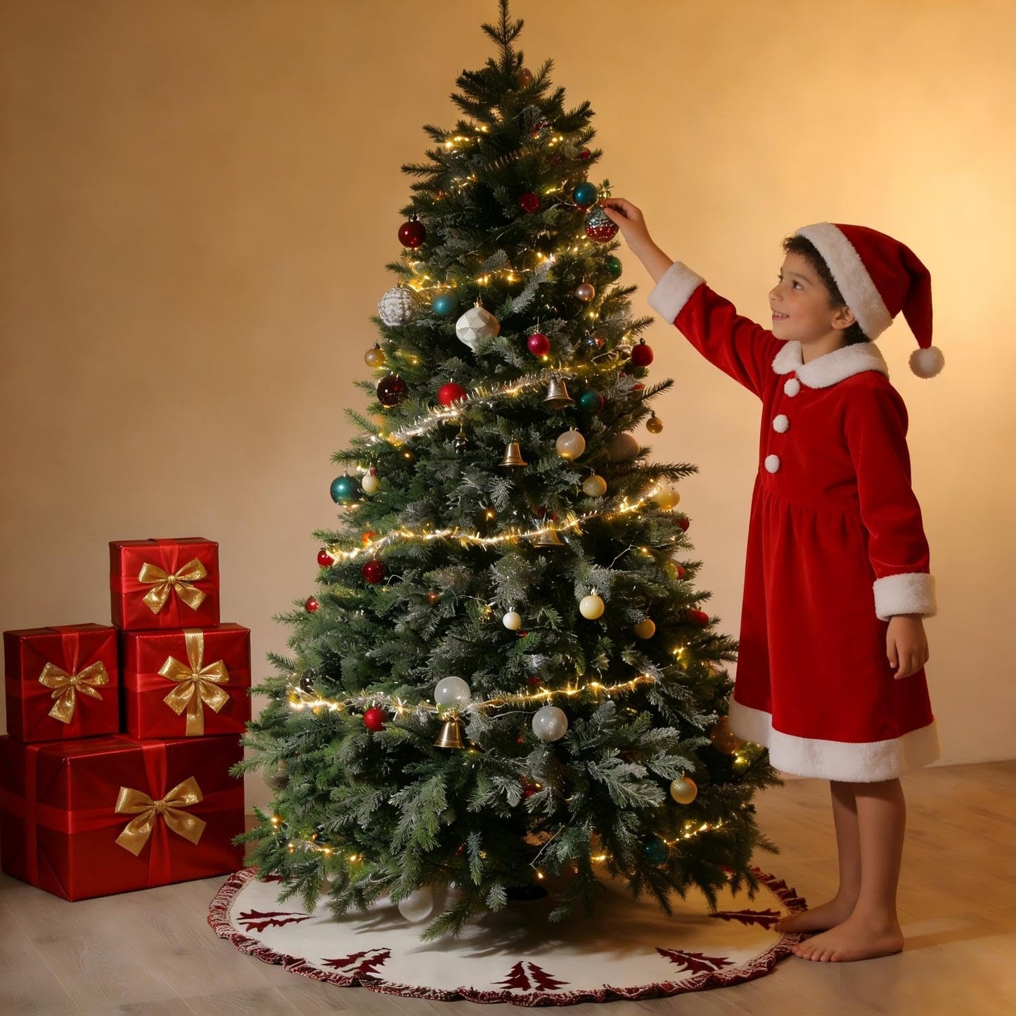 Christmas Tree Skirt, Christmas Decorations, 48 Inch Knitting Retro Xmas Tree Skirt Décor Skirt for 6/7 ft Trees (White with Red)