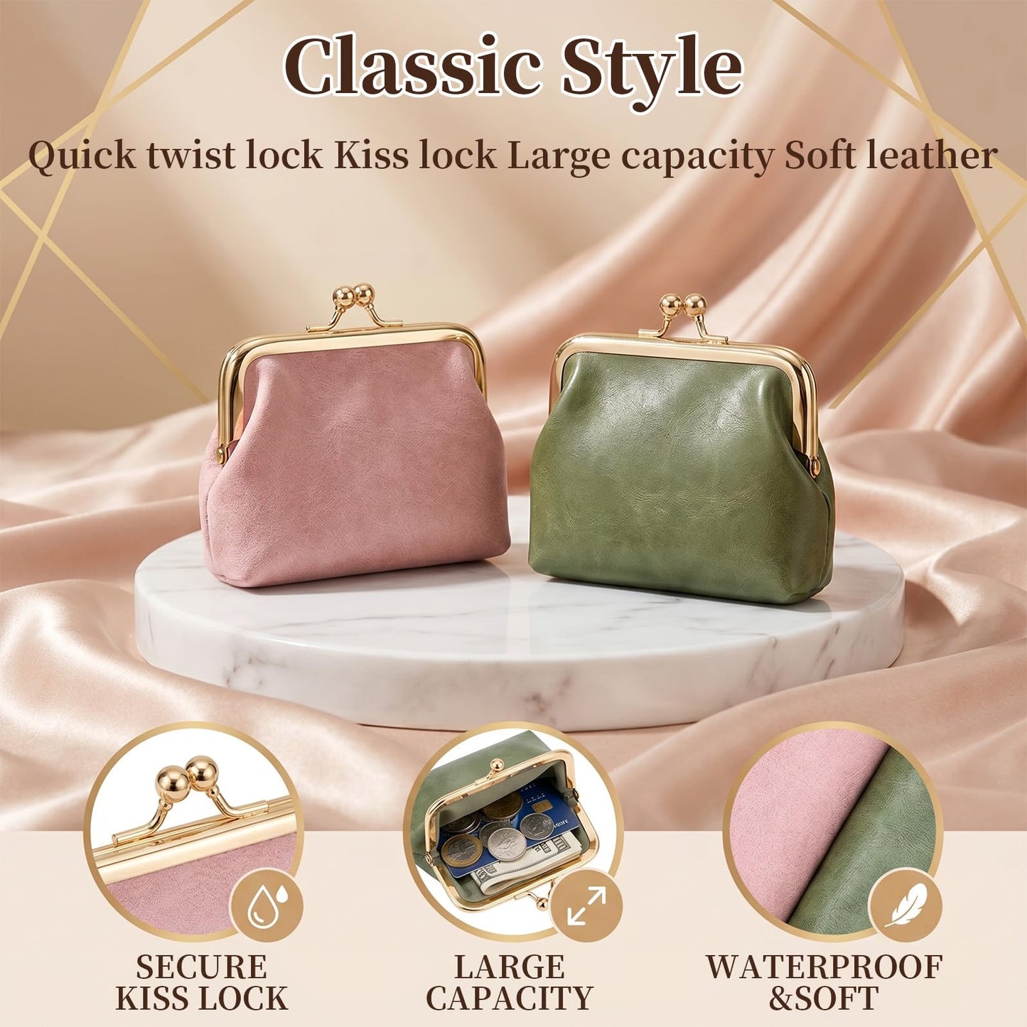 OPLCFO 2PCS Vintage Coin Purse with Kiss Lock, PU Leather Change Purse for Change, Keys, Lipstick