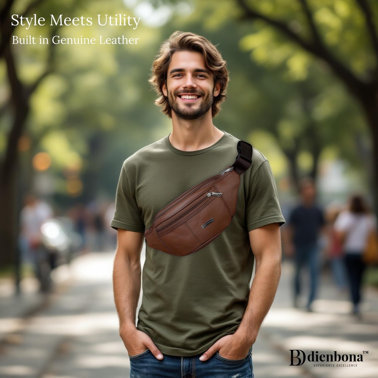 Genuine Leather Fanny Pack Bum Bag for Men – Crossbody Sling Waist Bag with 3 Pockets & Hidden Anti-Theft Pocket, Adjustable Strap, Lightweight Travel Hip Bag for Hiking, Outdoor & Daily Use (Tan)