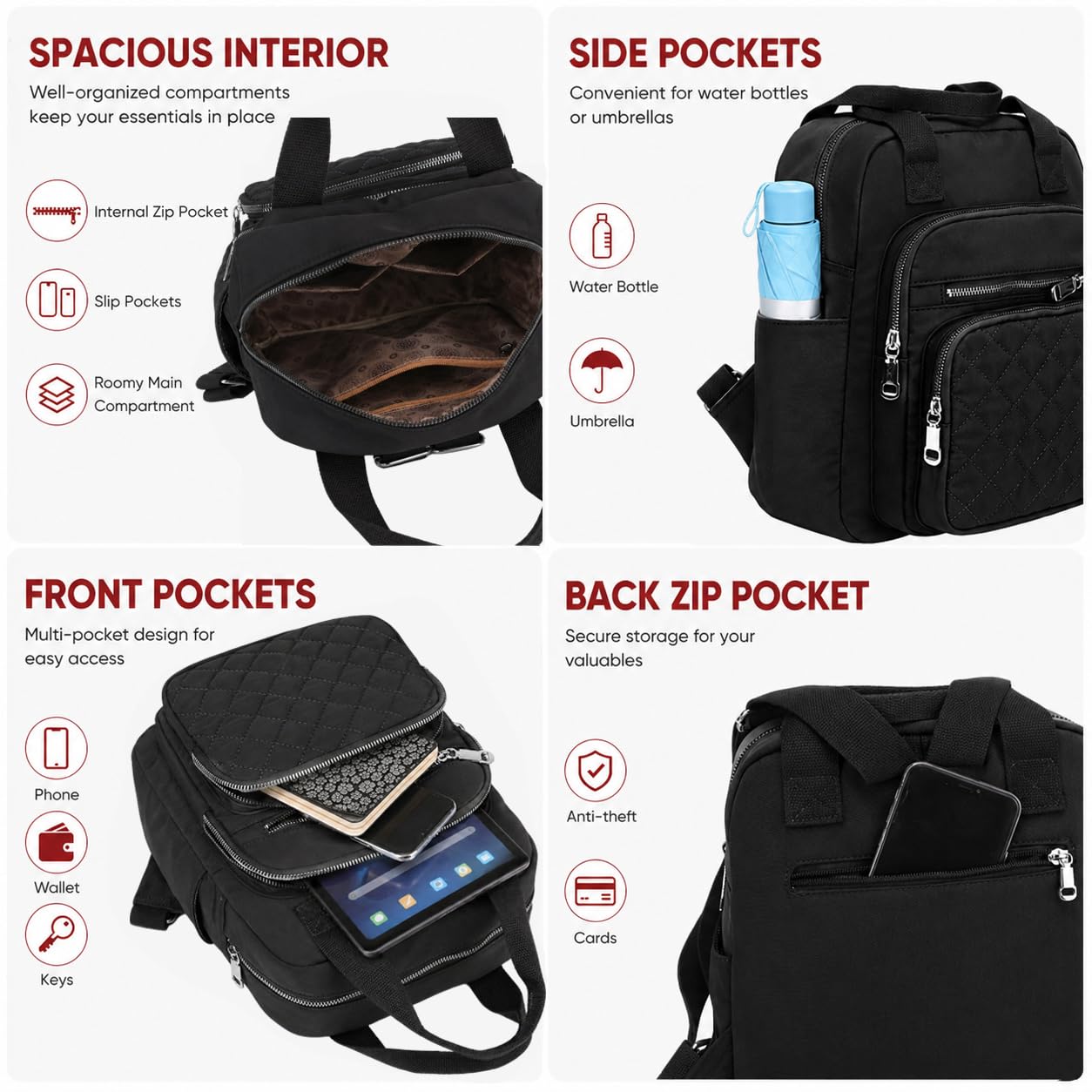 SULCET Small Backpack for Women Casual Quilted Square Bag Waterproof Multi Pockets Daypack Lightweight Top Handle Satchel