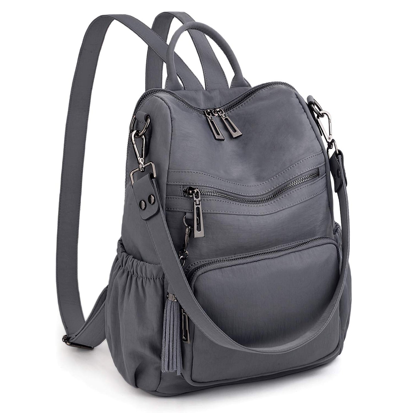 UTO Women Backpack Purse Nylon Fabric Ladies Fashion Designer Rucksack Convertible Travel Shoulder Bag with Tassel Grey