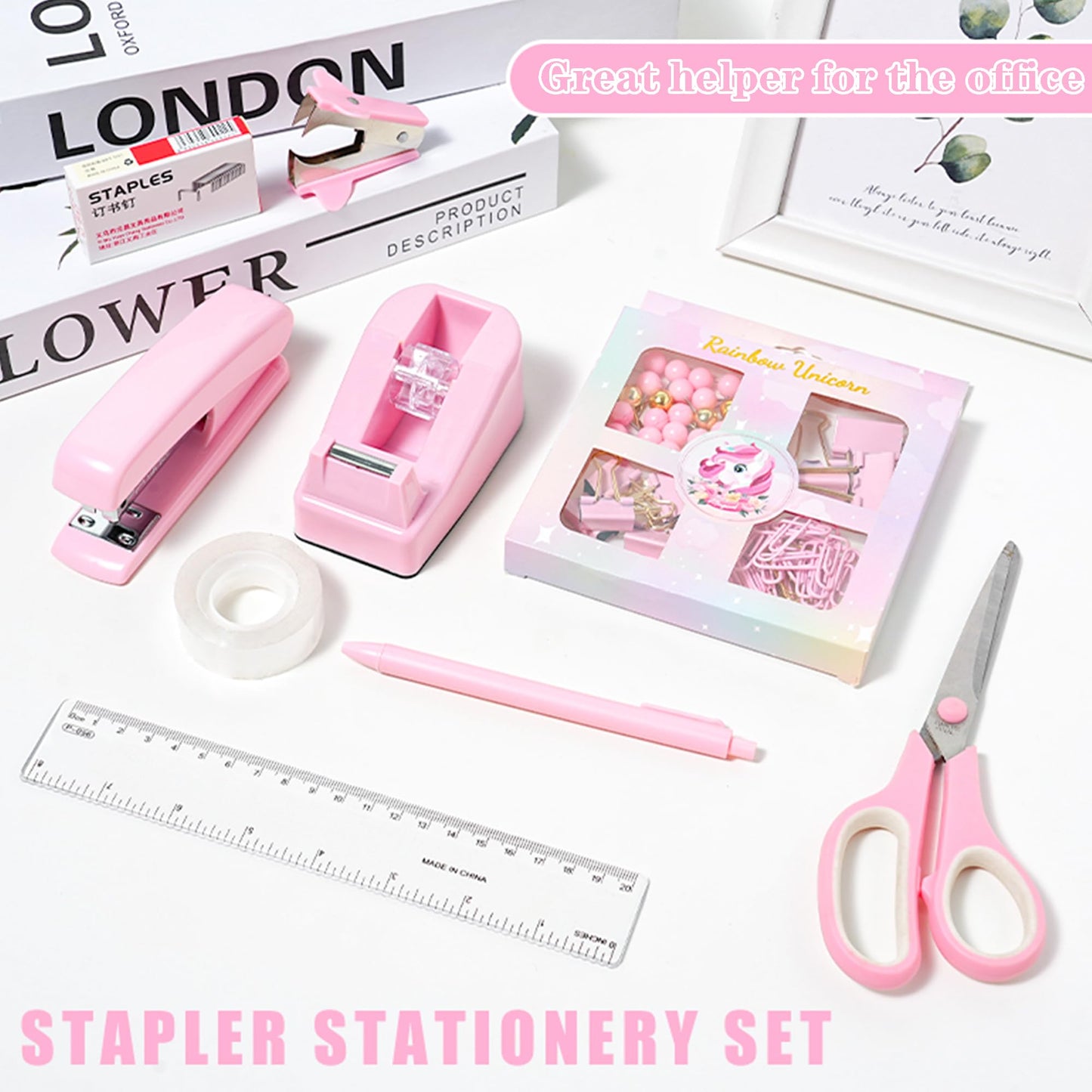 COMFYROOM Pink Desk Accessories with Pen Holder, Pink Office Supplies Desk Organizers and Accessories for women, Tape Dispenser, Stapler, Staple Remover, Staples, Clips Set, Ruler, Scissor, Pen, Tape
