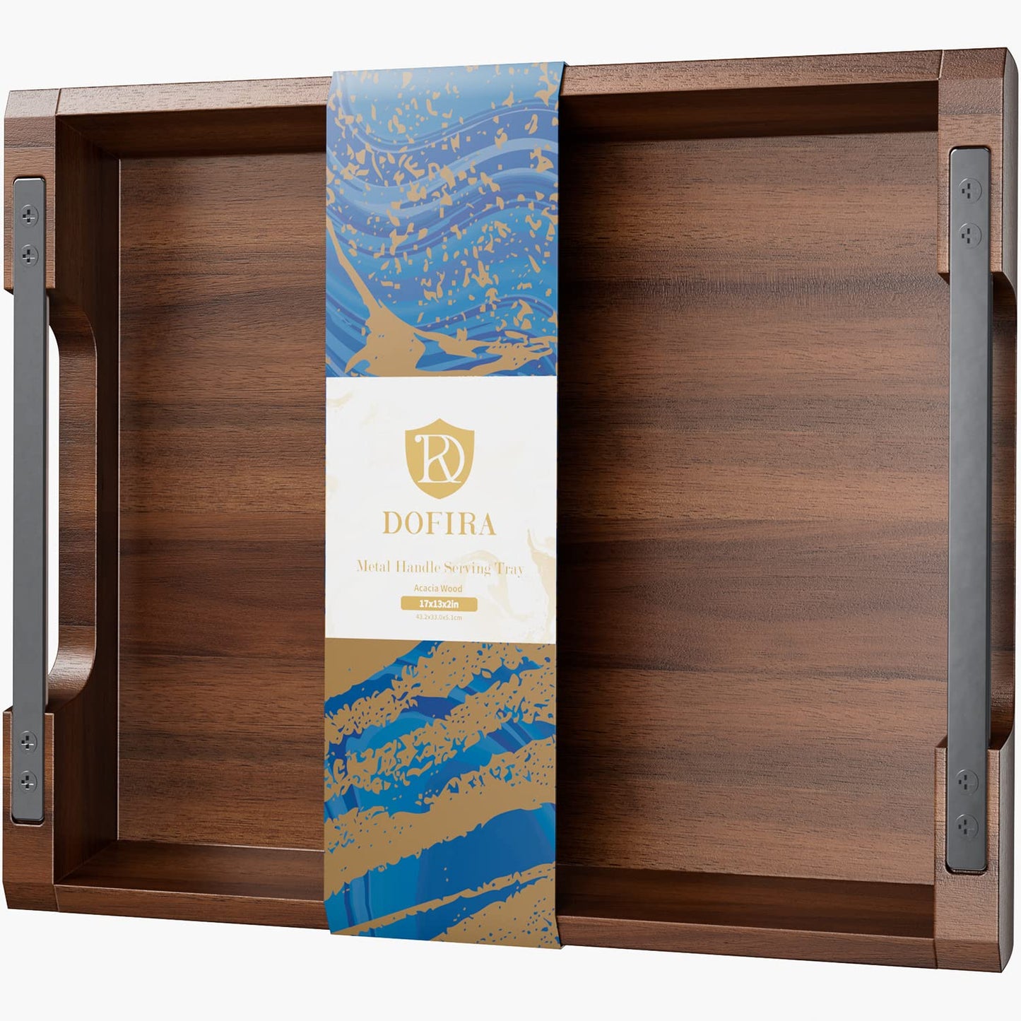 Dofira Acacia Wood Serving Tray with Metal Handles, 17x13in Food Drinks Tray for Coffee Table, Breakfast, Dinner & Bar, Rustic Decorative Storage Tray for Ottoman, Kitchen, Elegent Box for Gift