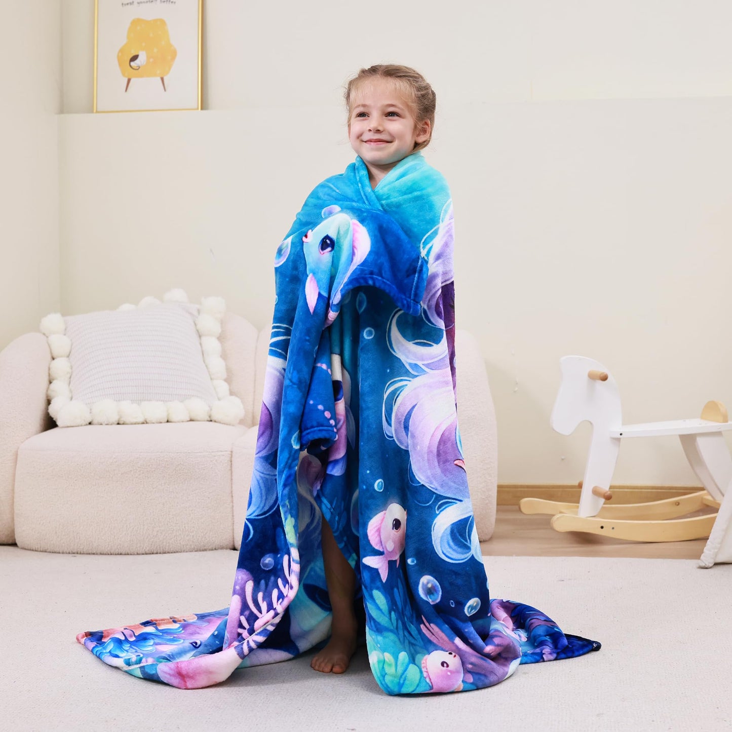 Softan Kids Throw Blanket for Girls & Boys, Warm Soft Toddler Fleece Blankets for Sofa Couch Bed， Cozy Fuzzy Plush Flannel Kids Throw Blanket for Daycare & School - 50x60In Blue Mermaid
