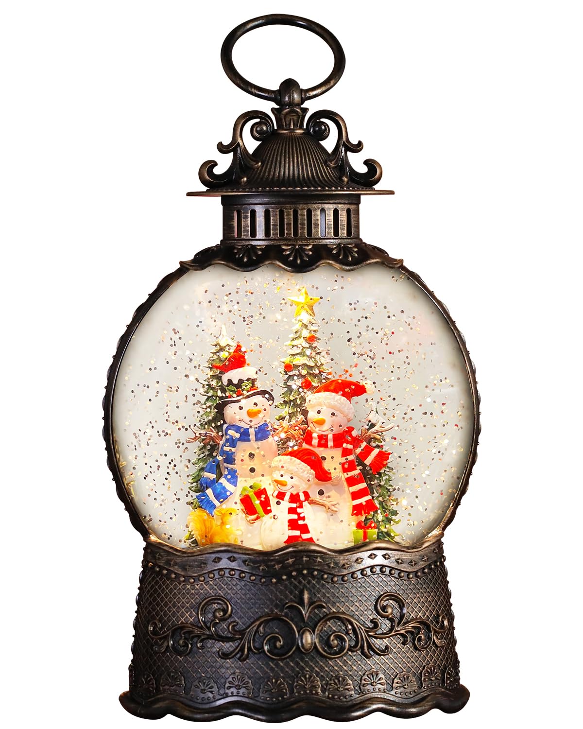 Christmas Snow Globe Lantern with Frosty Snowman Cardinals for Christmas Decorations, with Music and Lighting Features，USB or Battery Operated