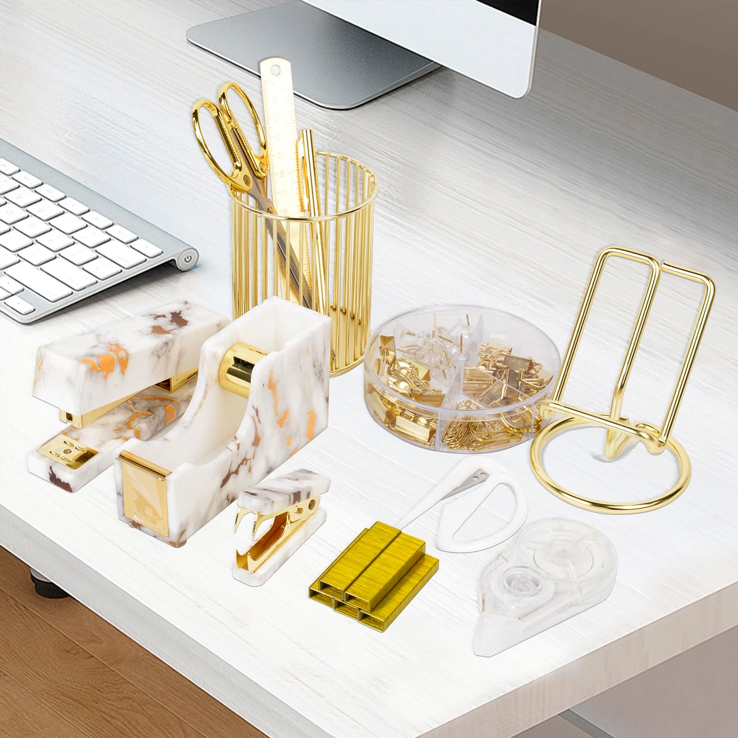 Office Desk Accessories Supplies - 13 Pcs Women Gold Marble Desk Decor Set, Cute Aesthetic Office Essentials Kit, Stapler Tape Dispenser Pen Organizer, Acrylic Mini Teacher Stuff for School Home Work