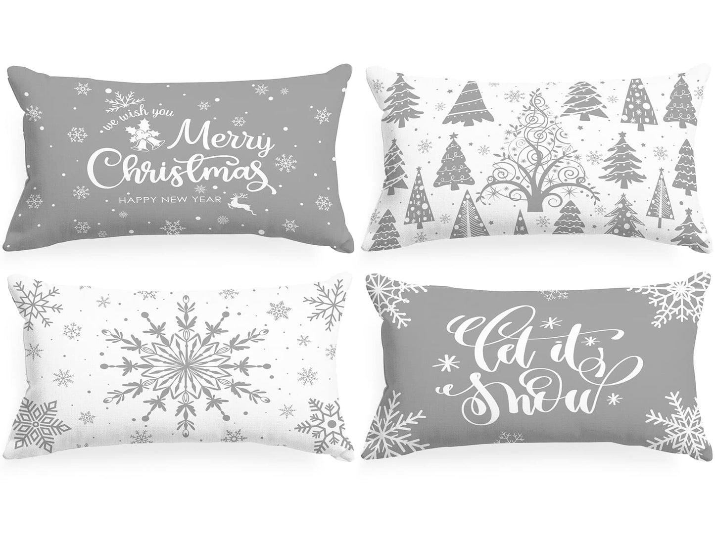 Lanpn White and Grey Christmas Lumbar Throw Pillow Covers 12x24 Set of 4, Decorative Long Gray Winter Snowflake Xmas Cushion Covers Pillow Cases for Home Bedroom Room Holiday Couch Decor Decorations