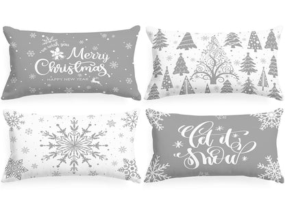 Lanpn White and Grey Christmas Lumbar Throw Pillow Covers 12x24 Set of 4, Decorative Long Gray Winter Snowflake Xmas Cushion Covers Pillow Cases for Home Bedroom Room Holiday Couch Decor Decorations