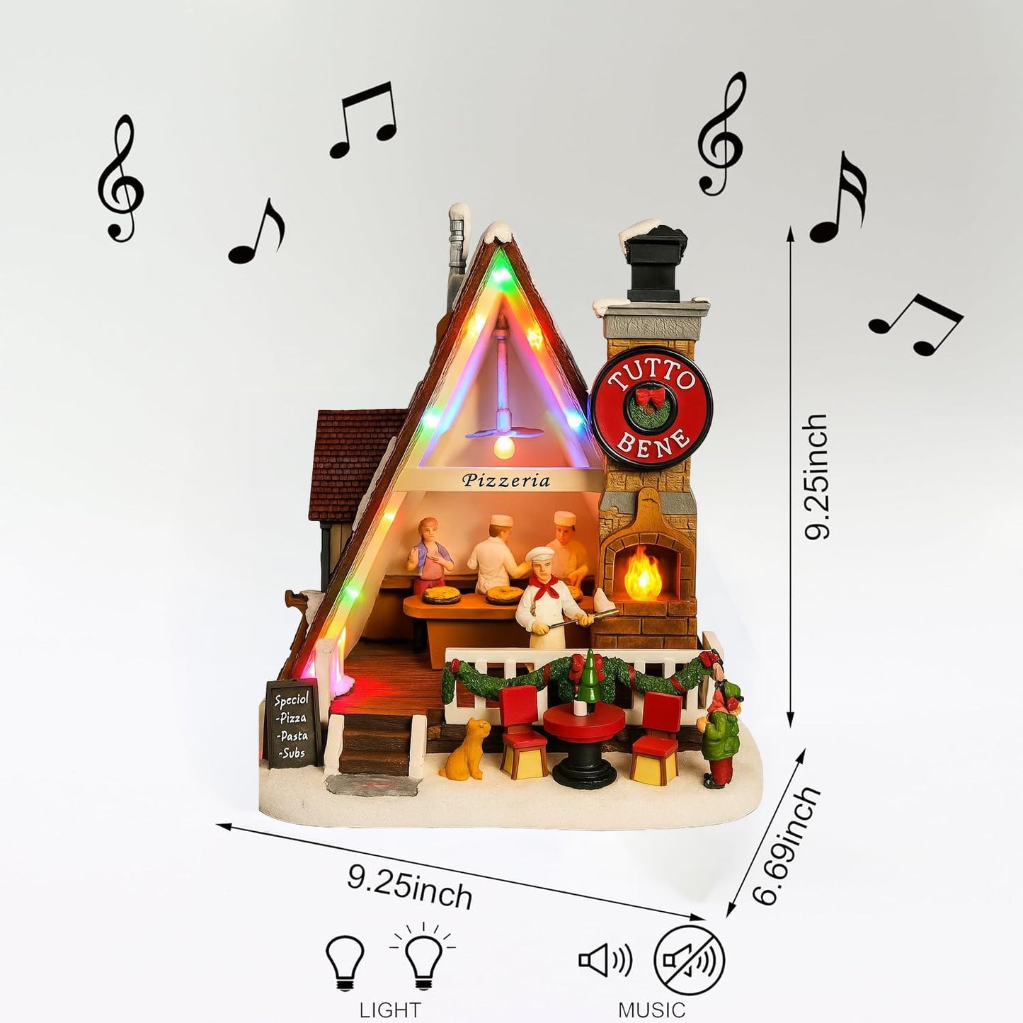 MOMENTS IN TIME Pizza Christmas Village Pizza Shop Scene LED Musical Pizzeria Scene Handcrafted Italian Restaurant Holiday Decoration Battery Operated Tabletop Display Christmas Village Display