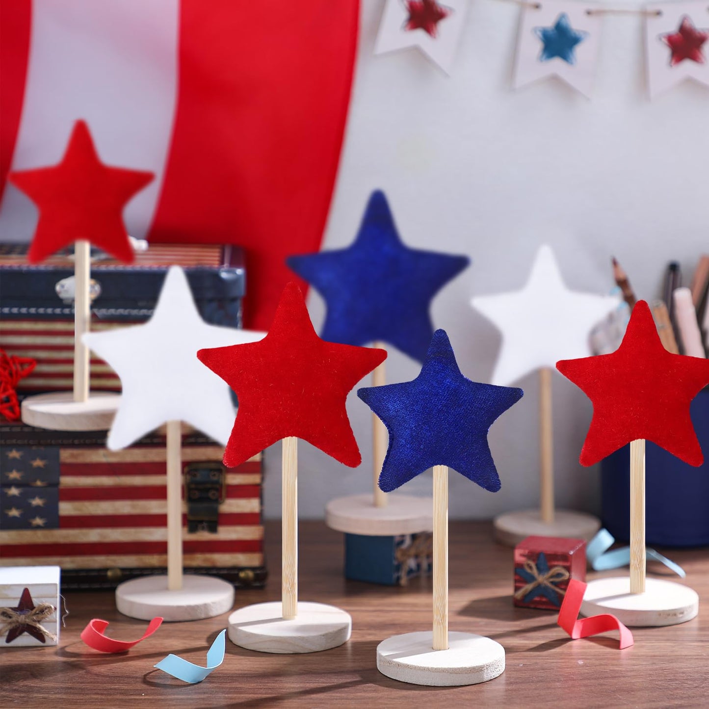 Wenqik 7 Pcs 4th of July Patriotic Decorations Velvet Red White and Blue Star Sign Standing Wooden Star Tabletop Centerpiece 250th Anniversary Independence Day Decor for Home Indoor Table Office Party