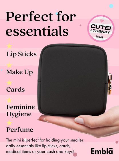 Embla Small Makeup Bag for Purse, Mini Waterproof Nylon Cosmetic Pouch, Durable and Lightweight Travel Toiletry Bag with Smooth Zipper, Black
