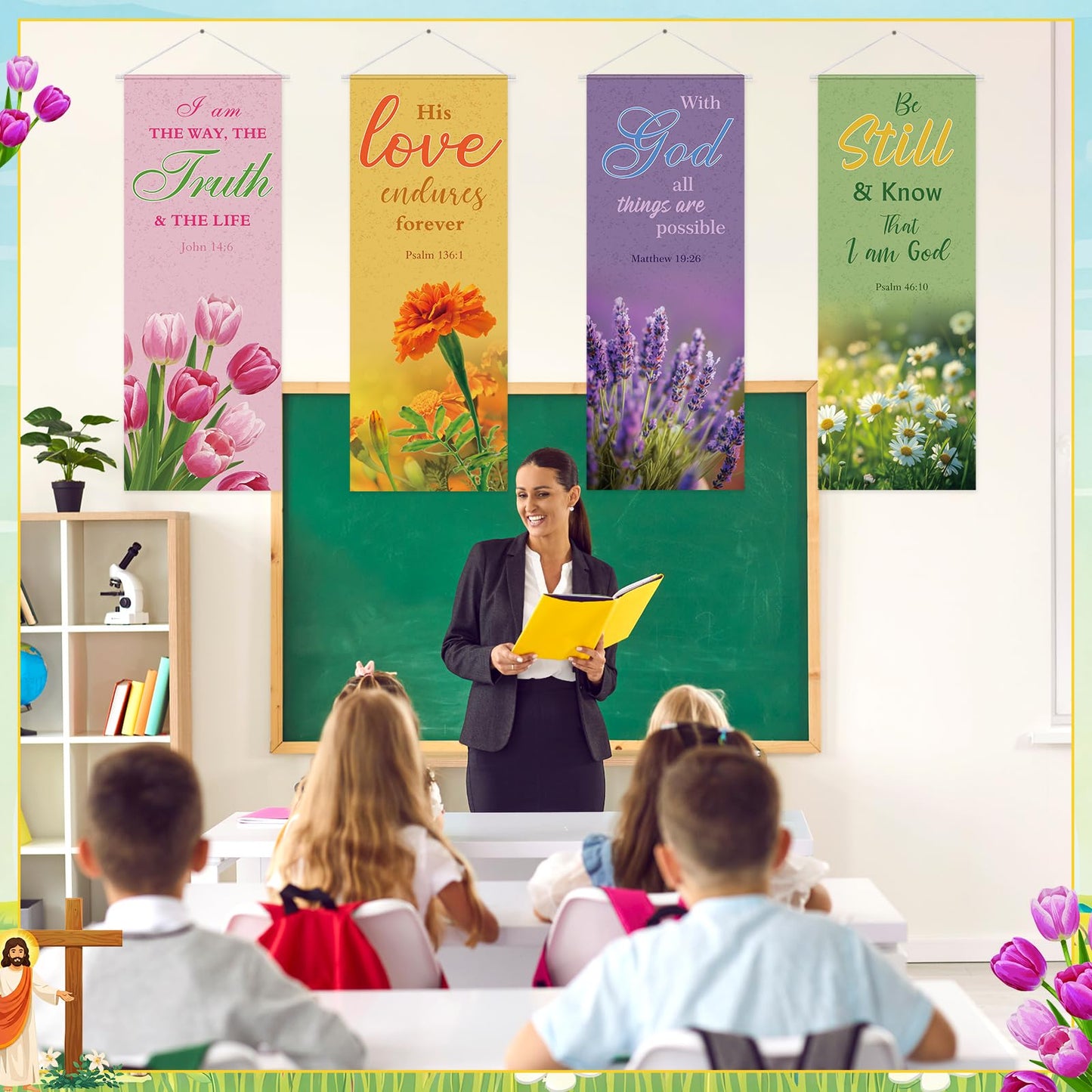 Panelee 4 Pcs Church Banners for Sanctuary Wall Blooming Flower Church Banners with Scripture Inspirational Religious Praise Bible Verses Hanging Backdrop Signs for Sunday School Worship Decoration