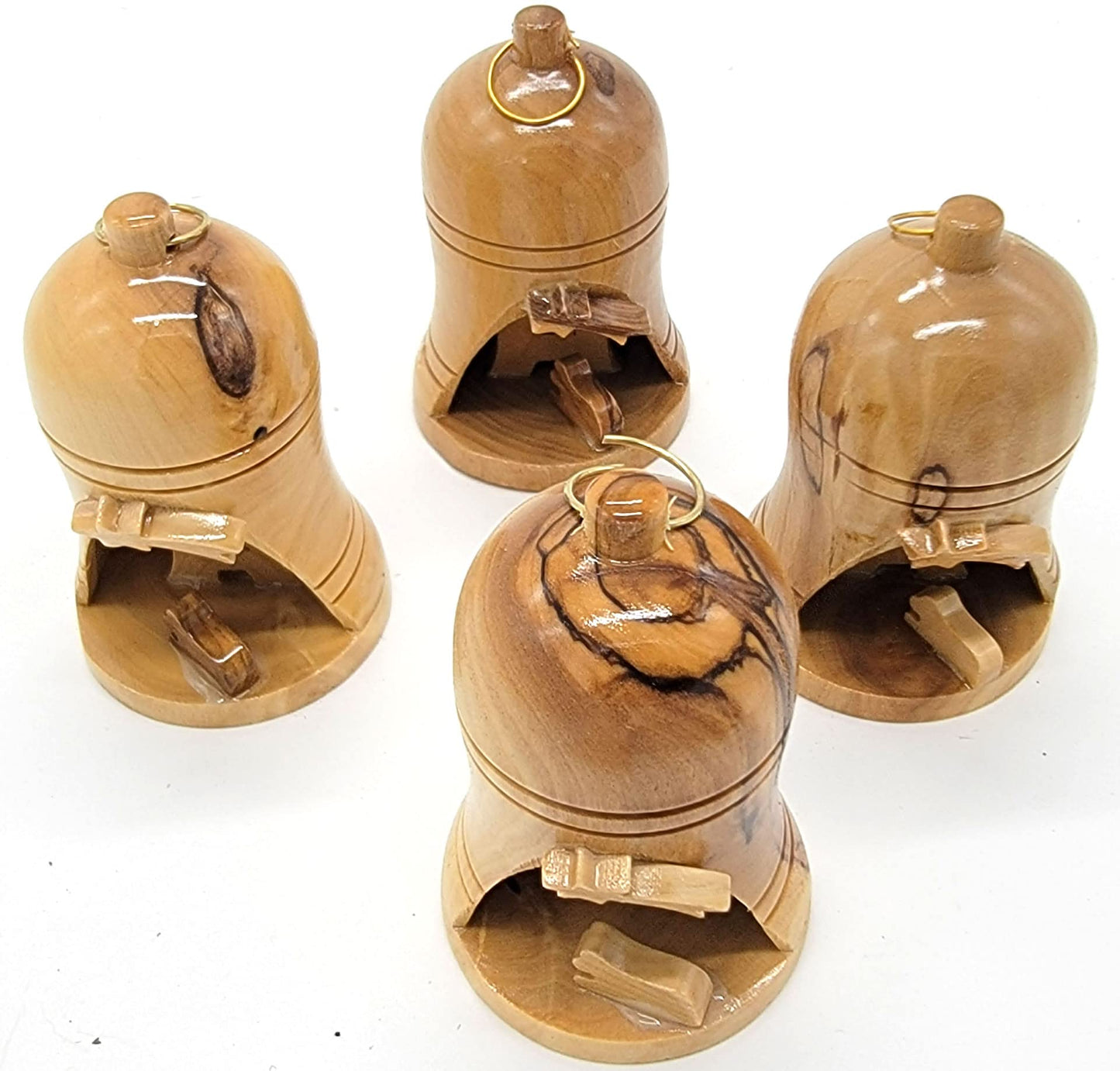 Zuluf Bulk Olive Wood Bell Christmas Ornaments from Bethlehem - Religious Nativity, Catholic Chrismons for Christmas Tree, Holy Land Israel Souvenirs, Christian Decorations Set of 4