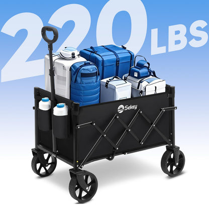 Sekey Heavy Duty Wagon with Big Wheels, Foldable Cart with 220LBS Capacity, Utility Lightweight Wagon, Collapsible Grocery Shopping Cart for Camping Sports & Holiday. Black