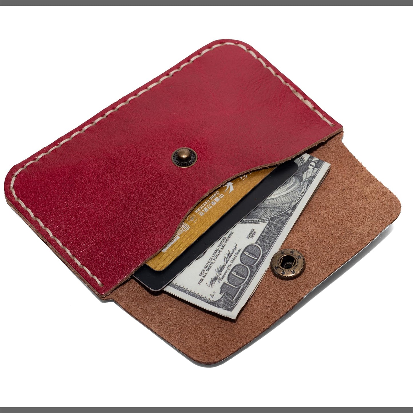 Handcrafted Premium Grey Leather Card Holder Wallet - Slim Design with Secure Closure (red)