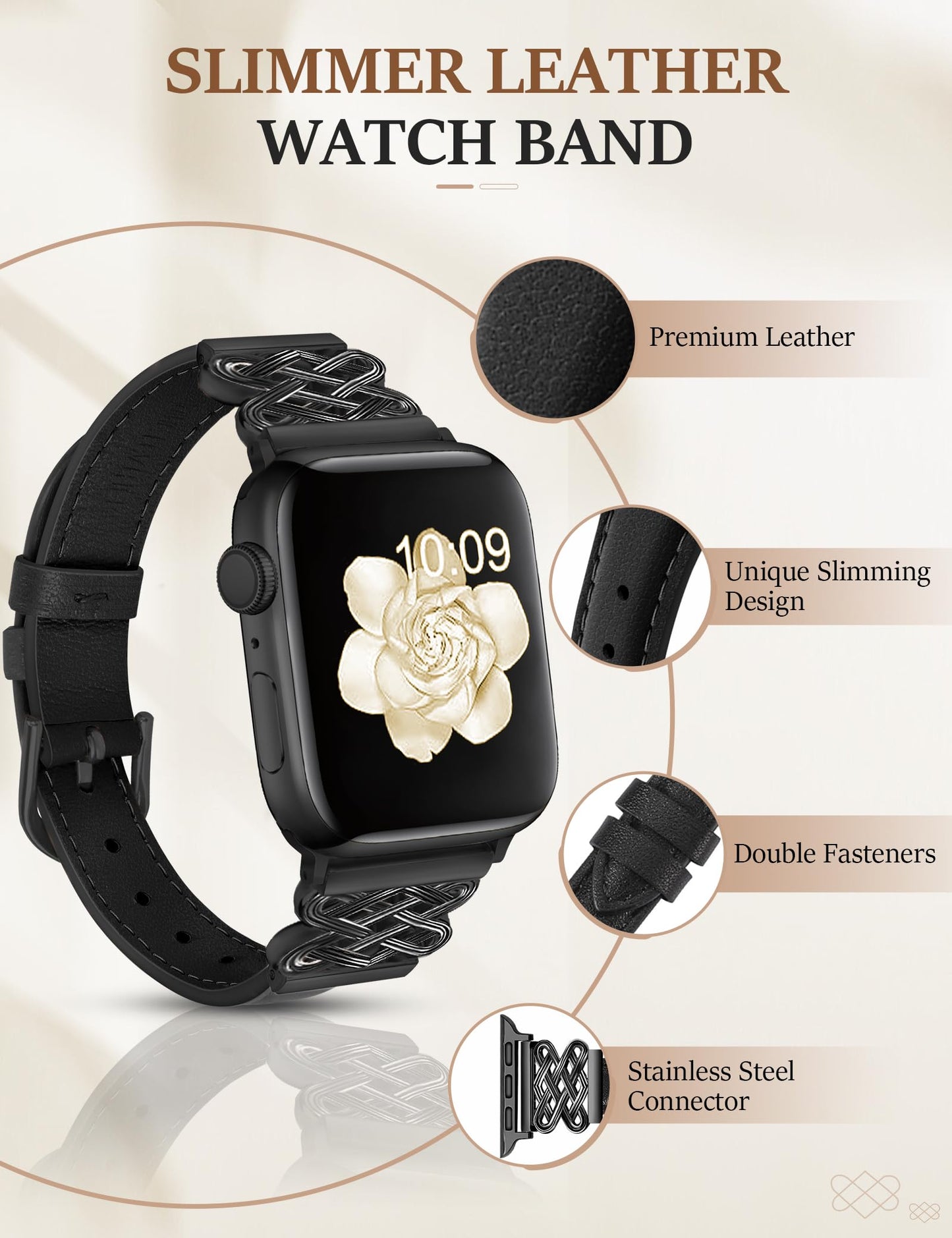 Leather Band for Women Slim Dressy Bands Compatible with Apple Watch 38mm 40mm 41mm 42mm 44mm 45mm 49mm, Designer Interlock Buckle Strap for iWatch Series 11/10/9/8/7/6/5/4/3/2/1/SE/Ultra