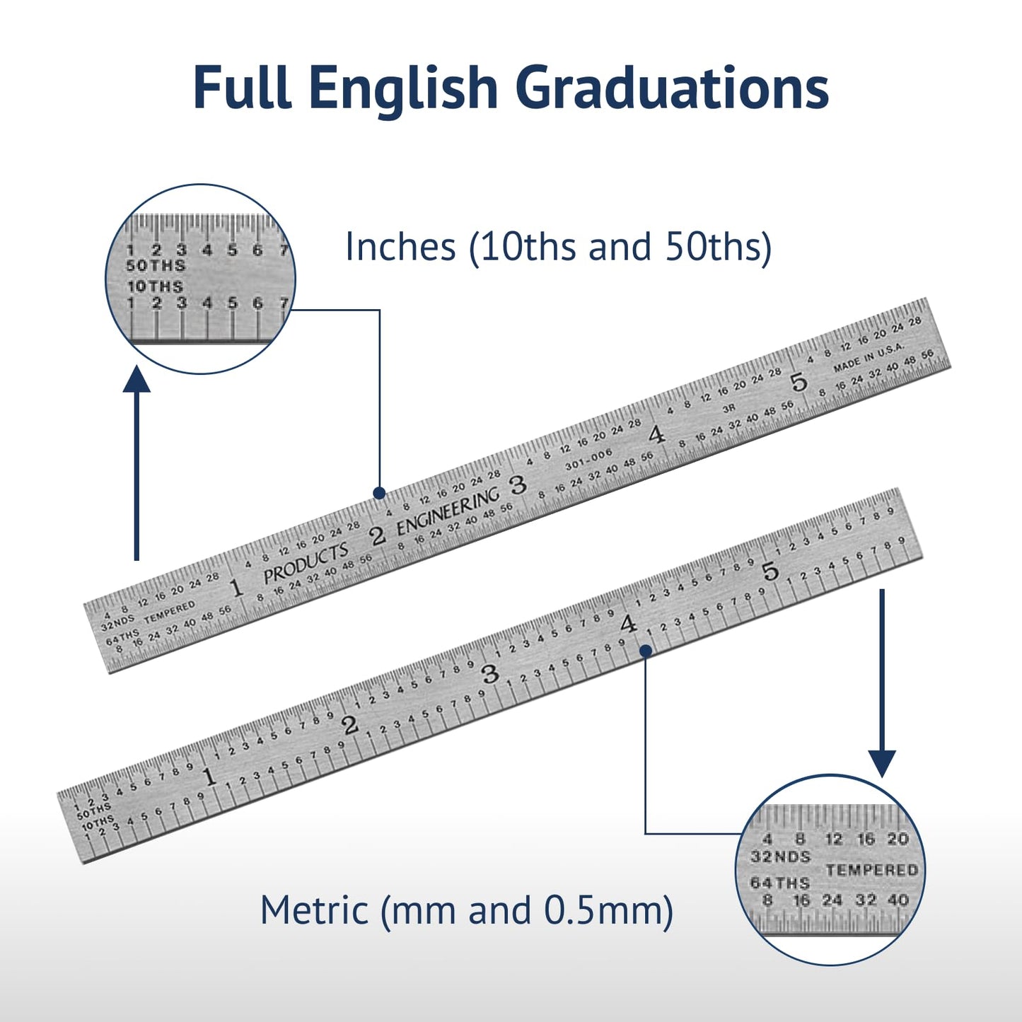 PEC Tools 6” Flexible Machinist Rule, Spring Tempered Steel Ruler with Satin Chrome Finish, 1/50" Thick x 1/2" Wide, Metal Ruler with Inch Graduation(3R), High Precision Measuring Tool, Made in USA