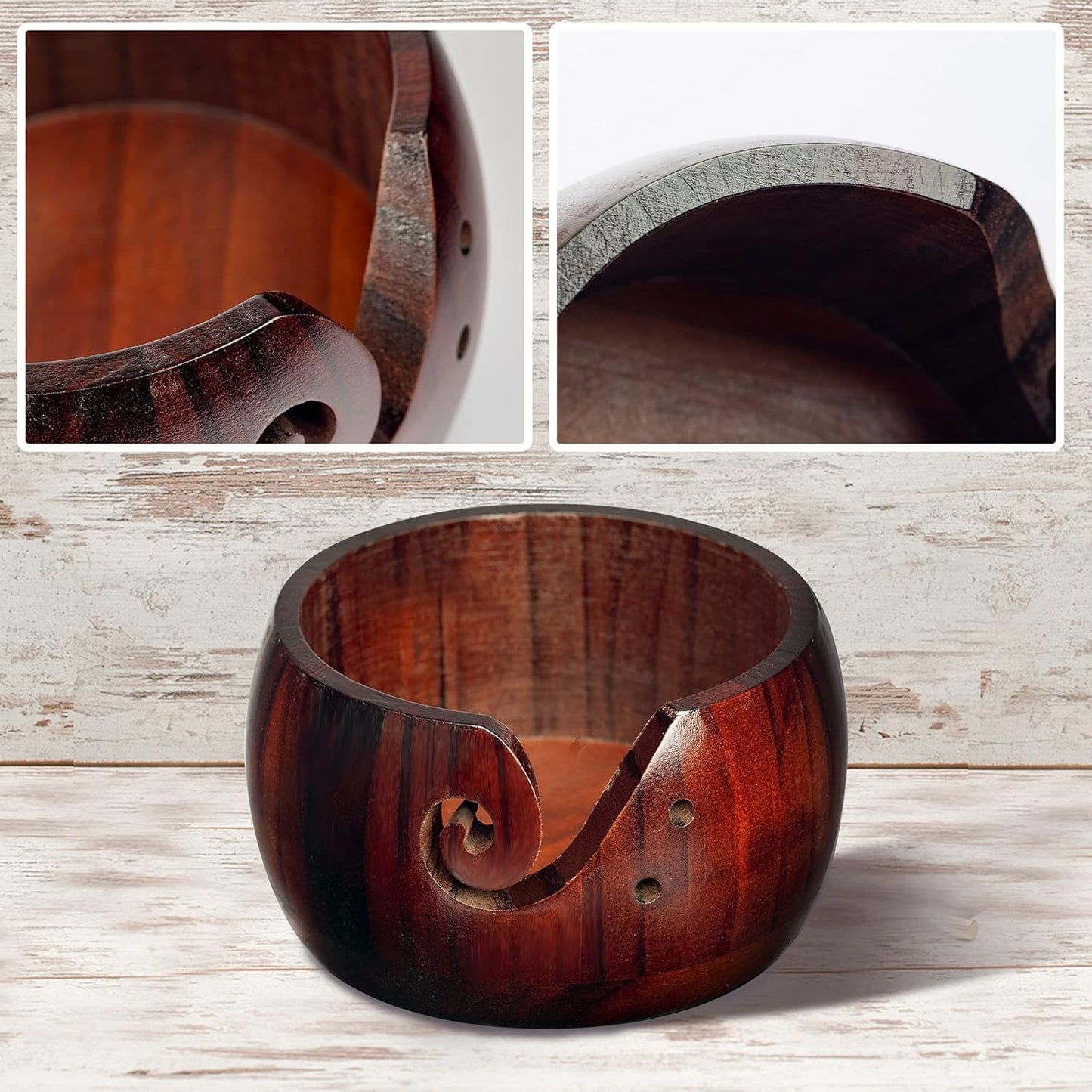IUAQDP Wooden Yarn Bowl for Crocheting and Knitting, Crochet Wool Yarn Storage Basket Round with Holes Handmade Holder 6" x 3" for Christmas Mothers Day Birthday Hand Made Knitting String Lovers