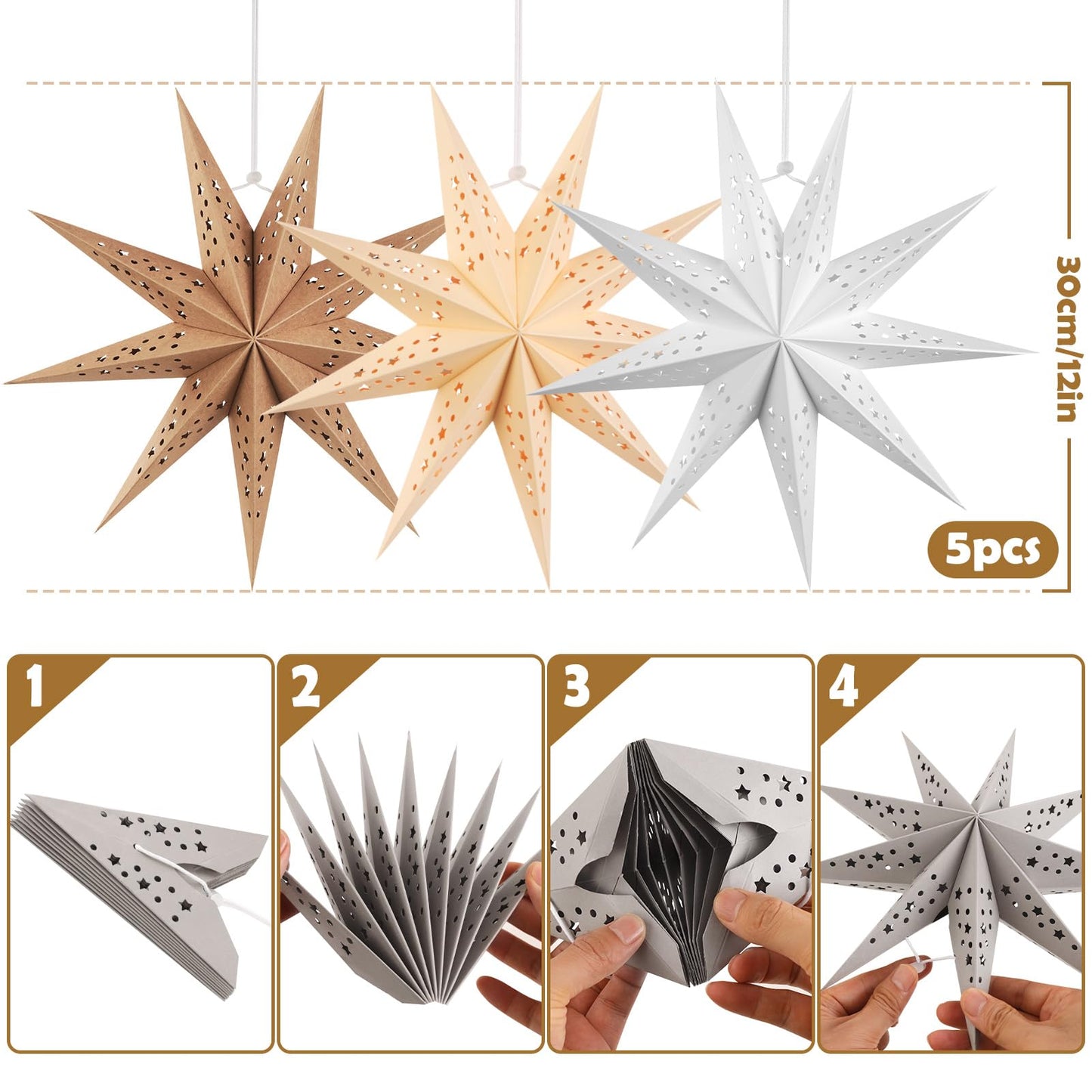 SUNBEAUTY 9-Pointed 12 Inch Hollow Out Paper Star Lanterns Brown White Gray Christmas Lanterns Hanging Lamp Paper Decorations Shade Wedding Birthday Christmas Home Party Decorations