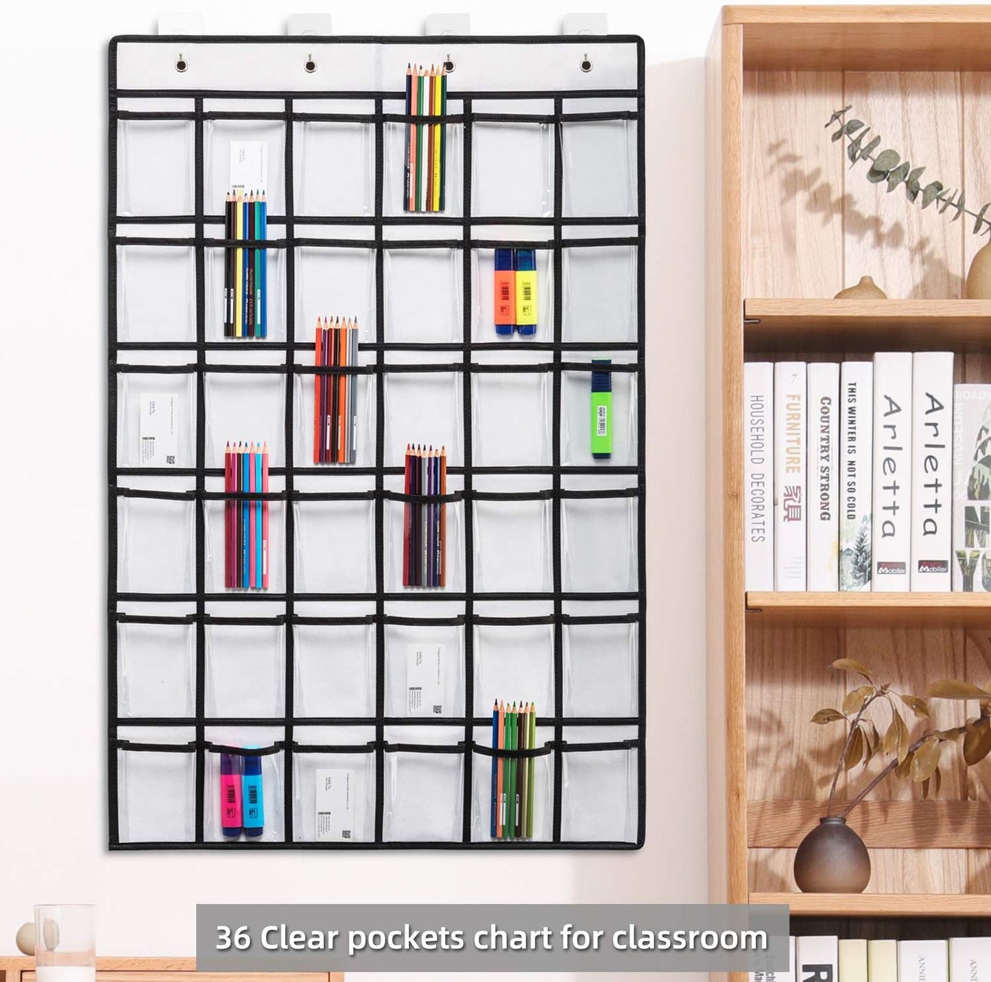 2 Pack 36 Pockets Classroom Pocket Chart for Cell Phone Calculator Holder,Clear Pocket Chart Organizer for Classroom Cellphone Storage with 36 Number Sticker Size:38.5x25.7 Inch (White-2pack)