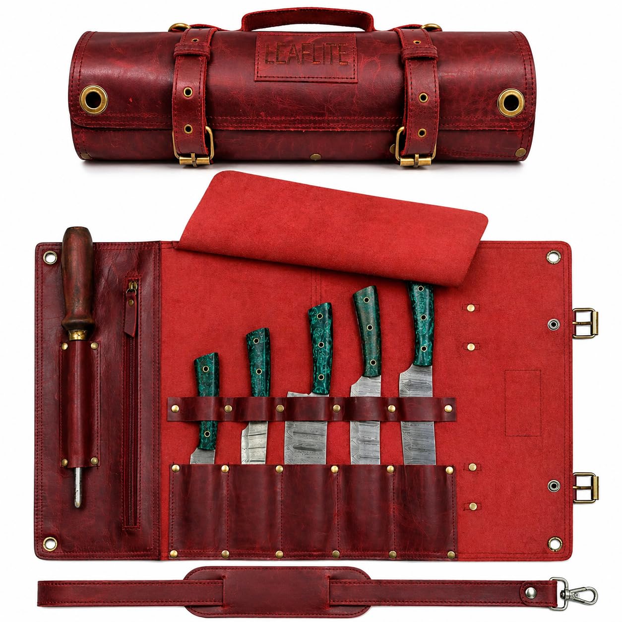 Leaflite Leather Knife Roll Bag – Chef Knife Bag with 7 Pockets – Durable Crazy Horse Leather Knife Roll for Professional Chefs – Portable Knife Storage Case