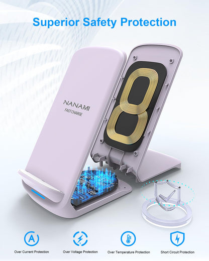 NANAMI Upgraded Fast Wireless Charger, Qi-Certified Wireless Charging Stand Compatible with Samsung Galaxy S25/S24/S23/S22/S21/S20 & Qi Phone Charger for iPhone 17/17 Air/16/16 Plus/16 Pro/15/14/13