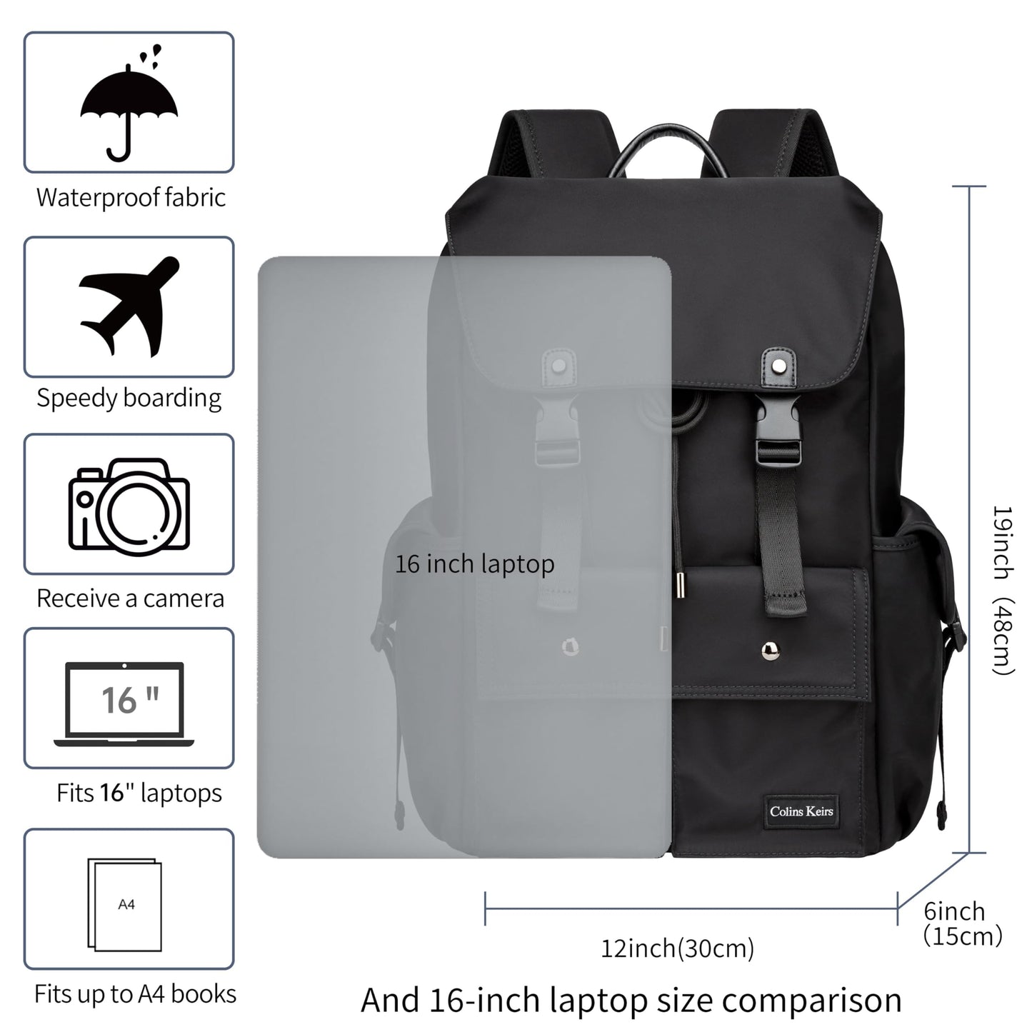 Colins Keirs Black Backpack for Men, 16 Inch Laptop Backpack with Computer Compartment, Slim Waterproof Drawstring Tech Backpack for Travel, Work, College & Daily Use
