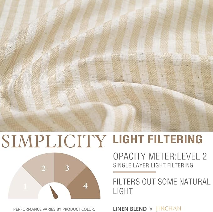 jinchan Tab Top Linen Kitchen Curtains 24 Inches Striped Tier Curtains Farmhouse Modern Cafe Style Small Window Treatments Airy Light Filtering Rod Pocket for Living Room Bathroom 2 Panels Beige
