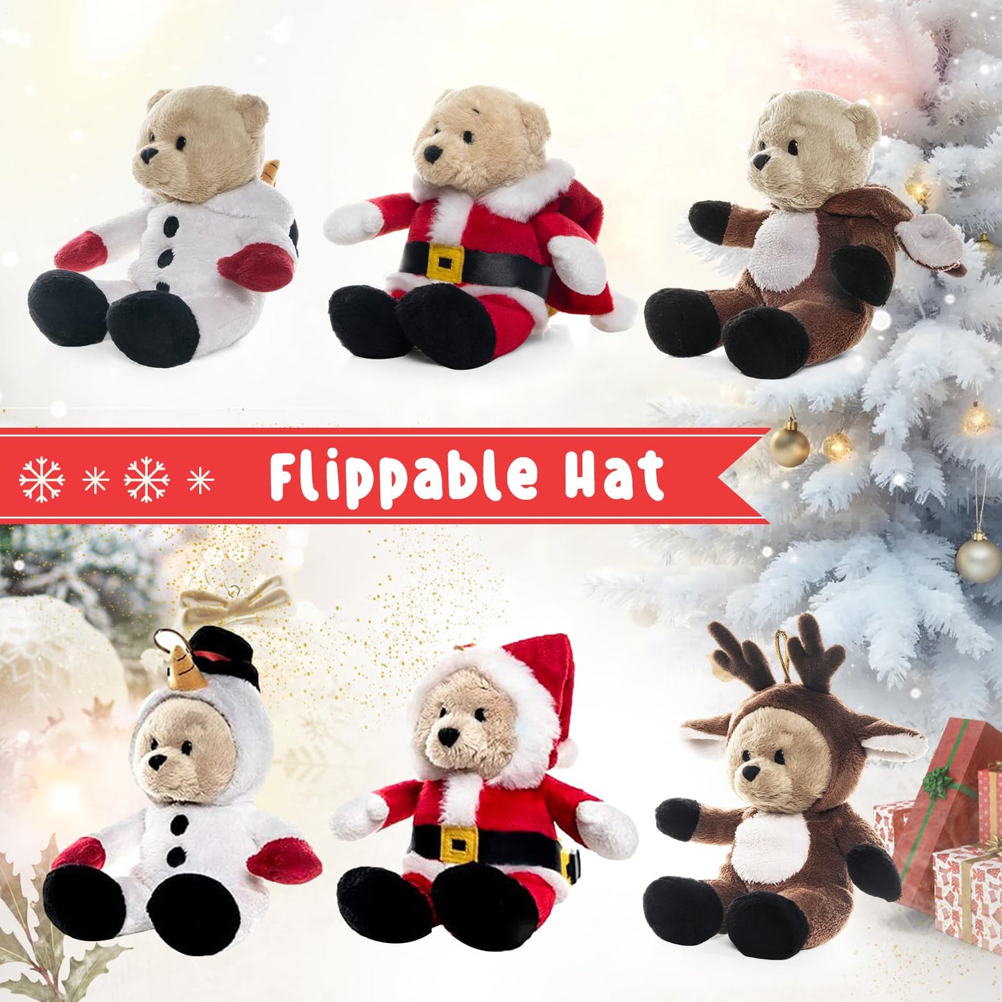 My OLi Christmas Teddy Bears Stuffed Animal 7in Plush Bears with Flippable Hats Pack of 3 : Santa, Reindeer and Snowman Soft Toys for Kids Boys Girls Hanging Decorations for Christmas Trees