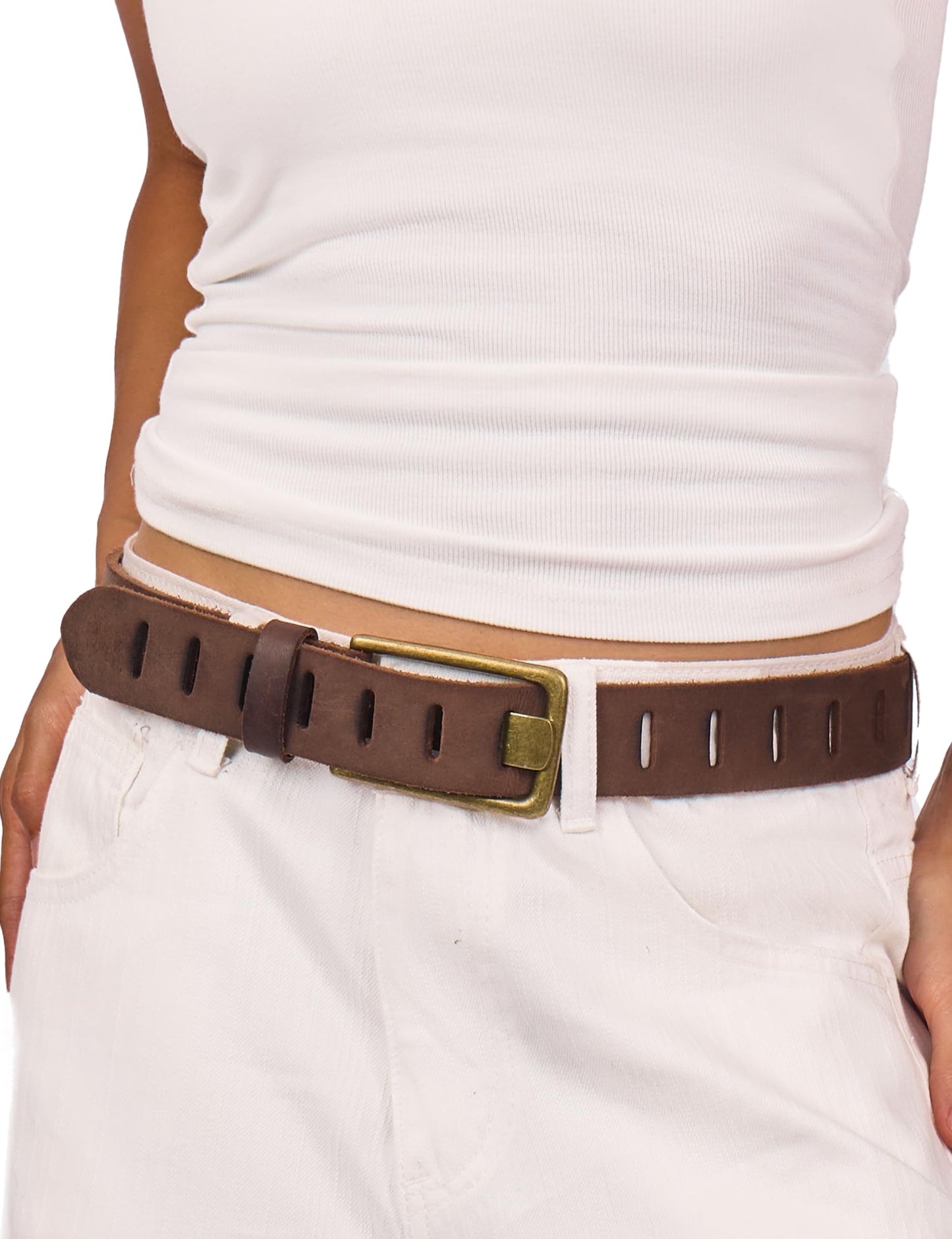 LyzerMia Womens Genuine Leather Belt for Jeans Pants Width 1.57" Western Cowgirl Wide Belts for Ladies with Gift Box, Brown, Fit for Low Waist 30"-34"