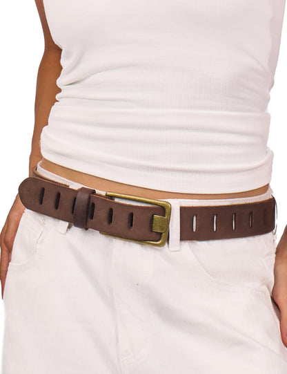 LyzerMia Womens Genuine Leather Belt for Jeans Pants Width 1.57" Western Cowgirl Wide Belts for Ladies with Gift Box, Brown, Fit for Low Waist 30"-34"