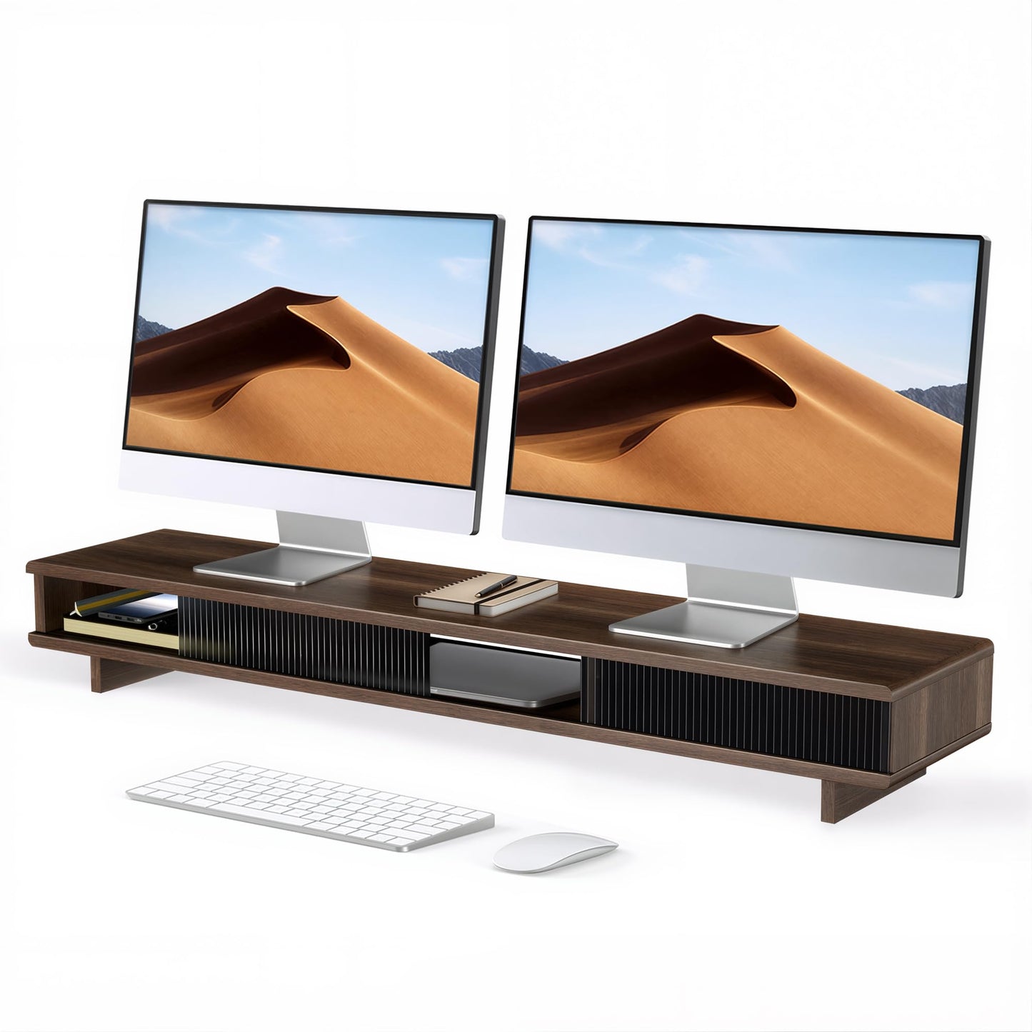 UniAbode Dual Monitor Riser with Sliding Doors & Storage - 42.5" Extra Wide Dual Monitor Stand for Desk Organizer,Desk Shelf for Office & Gaming - Acrylic Wave Design,110 lbs Capacity,Walnut