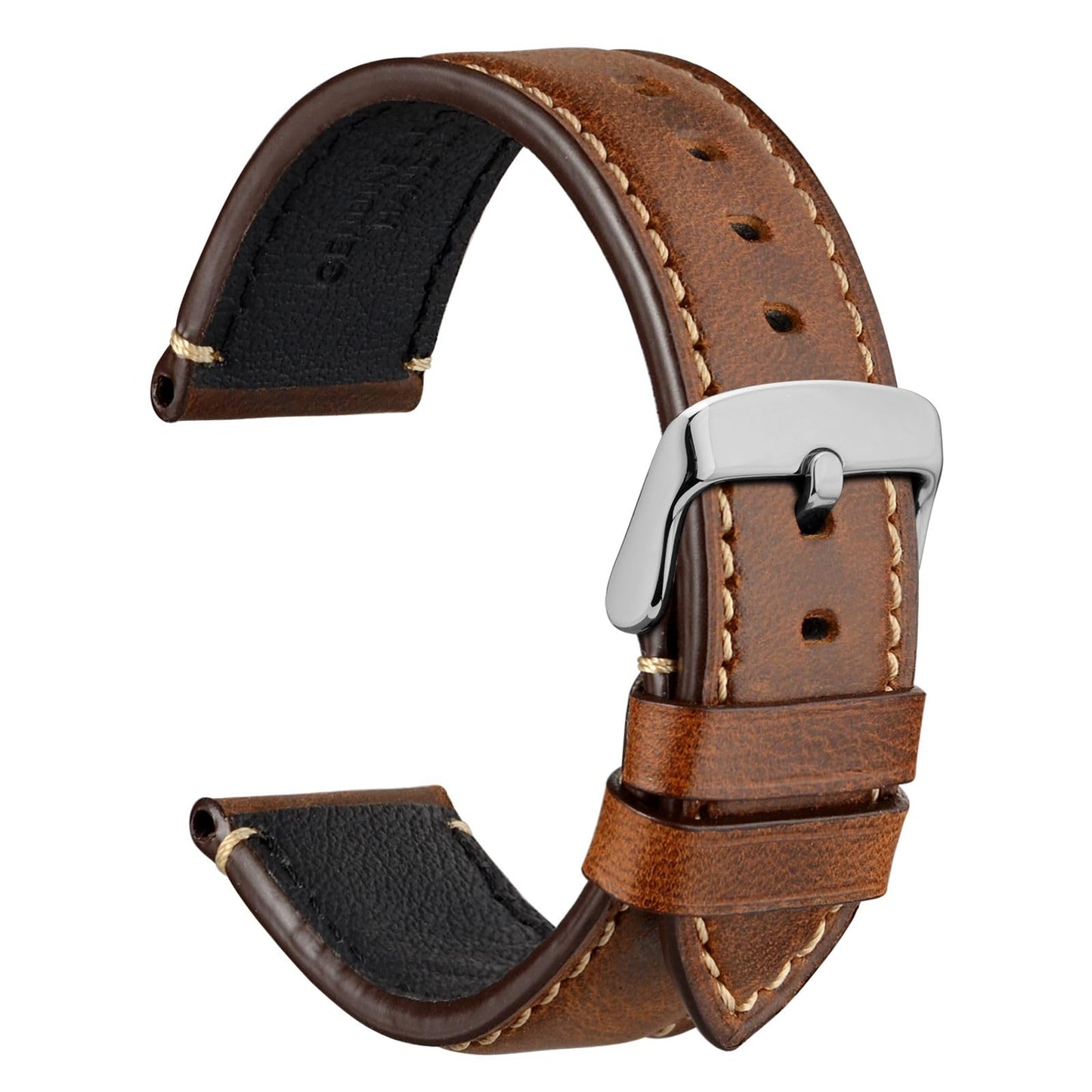 WOCCI 20mm Watch Band, Pull Up Leather, Polished Silver Buckle (Gold Brown)