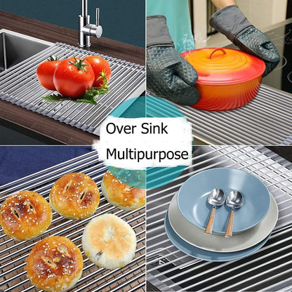 Ahyuan Roll up Dish Drying Rack Over The Sink Kitchen Roll up Sink Drying Rack Portable Dish Drainer Foldable Dish Drying Rack (Warm Gray, 17.8''X17'')