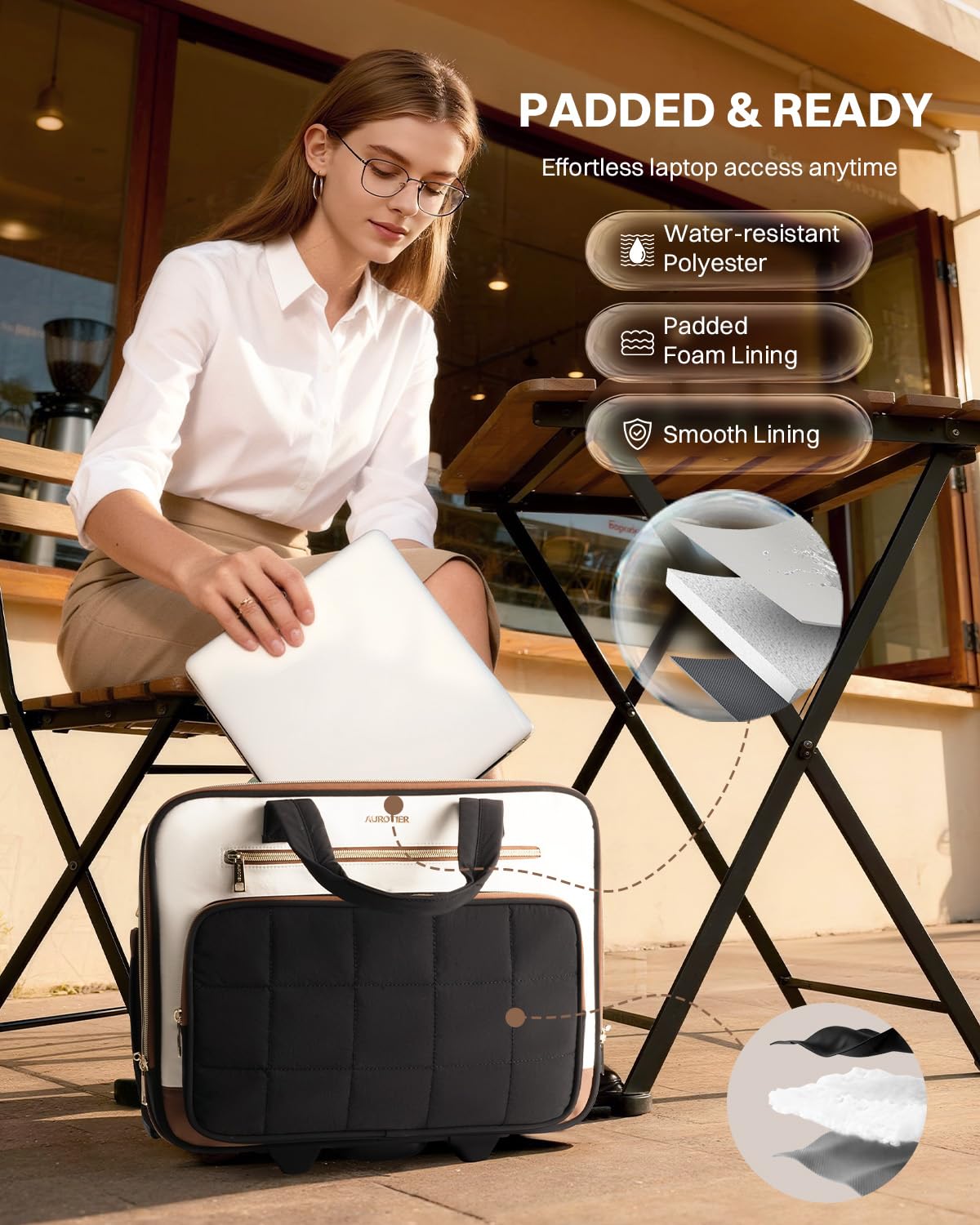 Rolling Puffer Laptop Bag, Rolling Briefcase for Women, Wheeled 16 Inch Computer Bag, Water Resistant Stylish Overnight Underseat Carry On Luggage with Wheels for Work Travel Business, Beige Brown