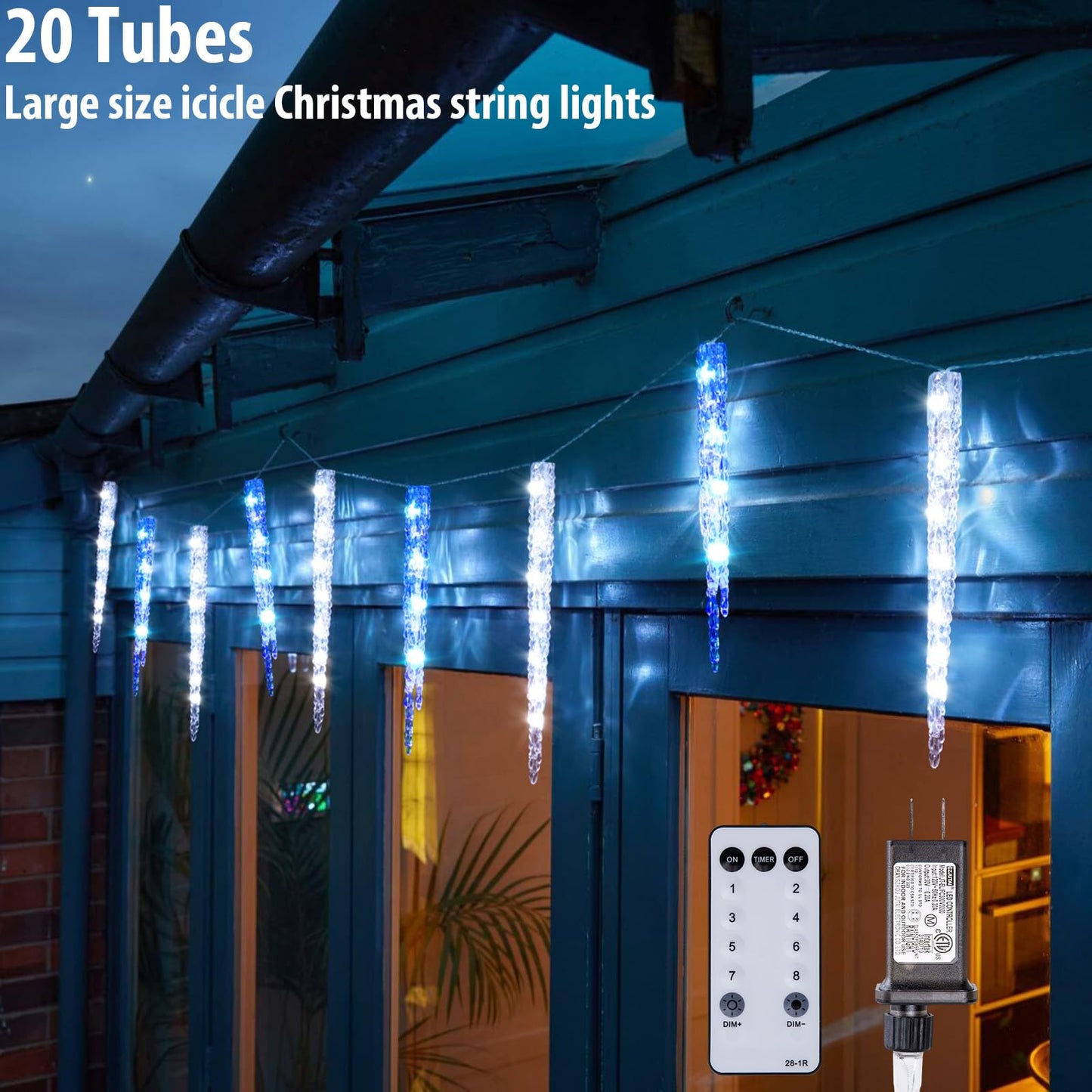 TWINKVILLA Blue and White Icicle Lights for Outside, Christmas Lights Outdoor with 20 Large Tubes, 29FT 8 Modes with Timer, Connectable Meteor Shower Light for Eave Roofline Tree Decoration