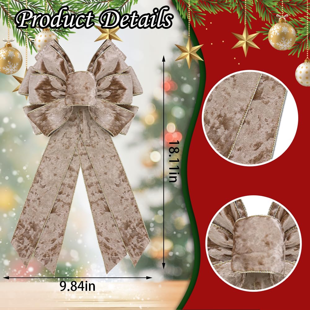 CHMOART Christmas Wreath Bow 20 x 11 Inches Large Christmas Bows Golden Trimmed Champagne Velvet Bow Winter Farmhouse Bow Xmas Tree Topper Bow for Home Front Door Decorations