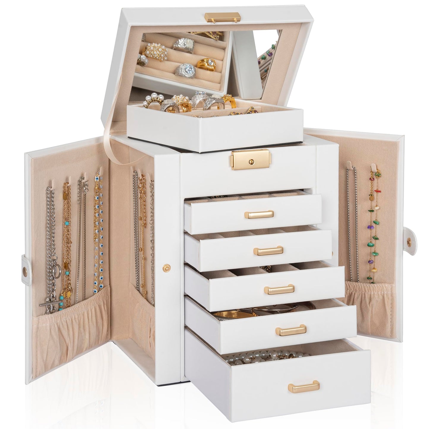 AKOZLIN 6-Tier Jewelry Box Lockable Leather Jewelry Storage Case with 5 Drawers for Women Girls Ring Necklace Earring Bracelet Holder Organizer with Mirror