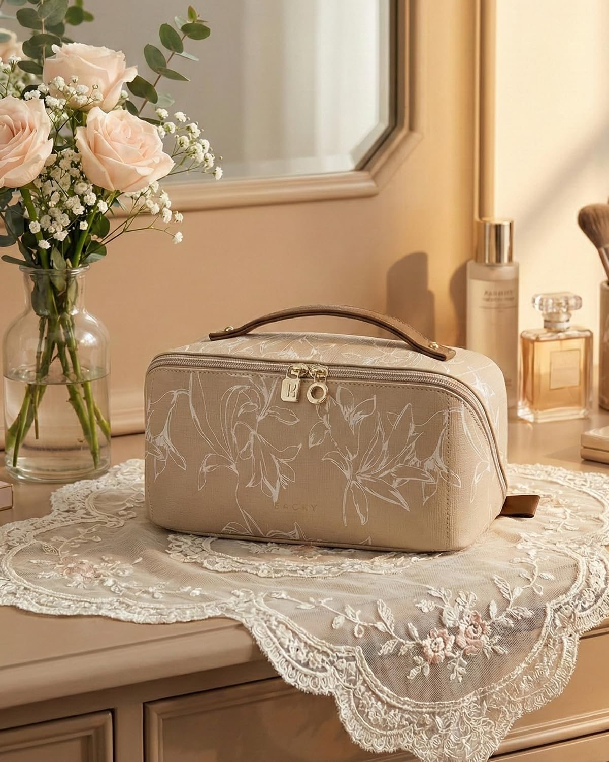 EACHY Travel Makeup Bag, Large Capacity Cosmetic Bags for Women, Waterproof Portable Pouch Open Flat Toiletry Bag Pattern Makeup Bag (F-Brown)