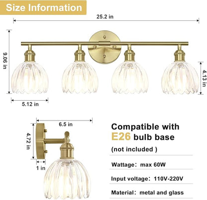 Vintage Bathroom Light Fixtures,4-Light Hardwired Vanity Lights Over Mirror,Gold Wall Sconces with Clear Tulip Glass Shade for Bathroom Living Room,E26 Socket(Bulbs Not Included)