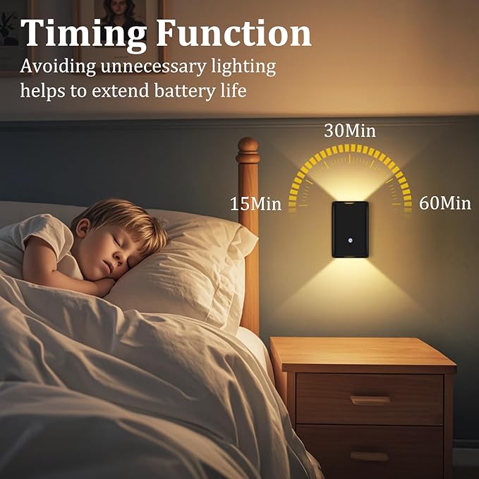 Eneru Rechargeable Motion Sensor Night Light: 5000mAh Black Battery Operated Wall Sconce with Remote Control, 3 Colors Wireless Stair Lights Indoor, Magnetic LED Night Lamp for Bedroom Hallway Closet