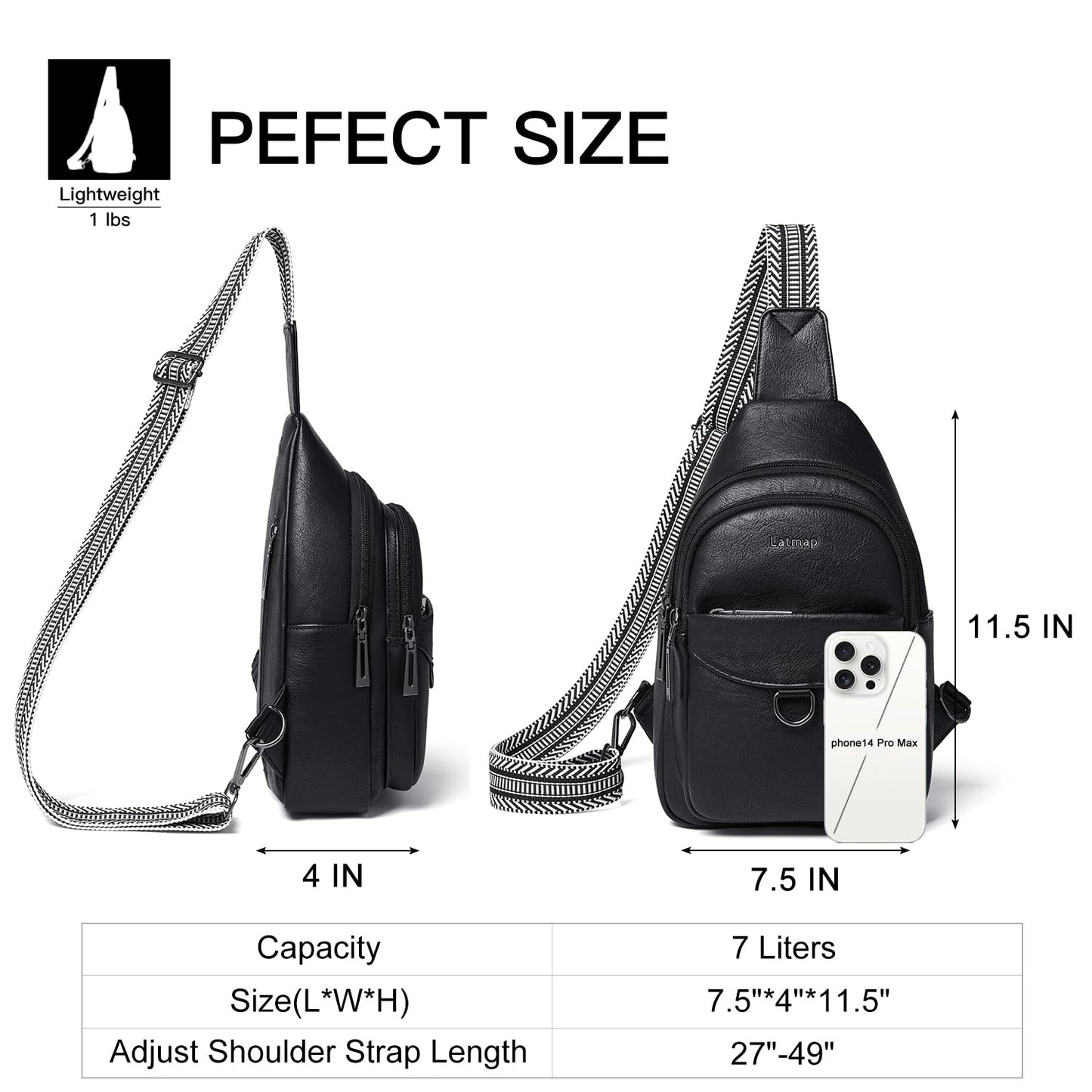 LATMAP 7L Sling Bag for Women Men Crossbody Belt Bag Small Travel Sling Backpack Anti Theft Chest Daypack Purse Faux Leather,Black