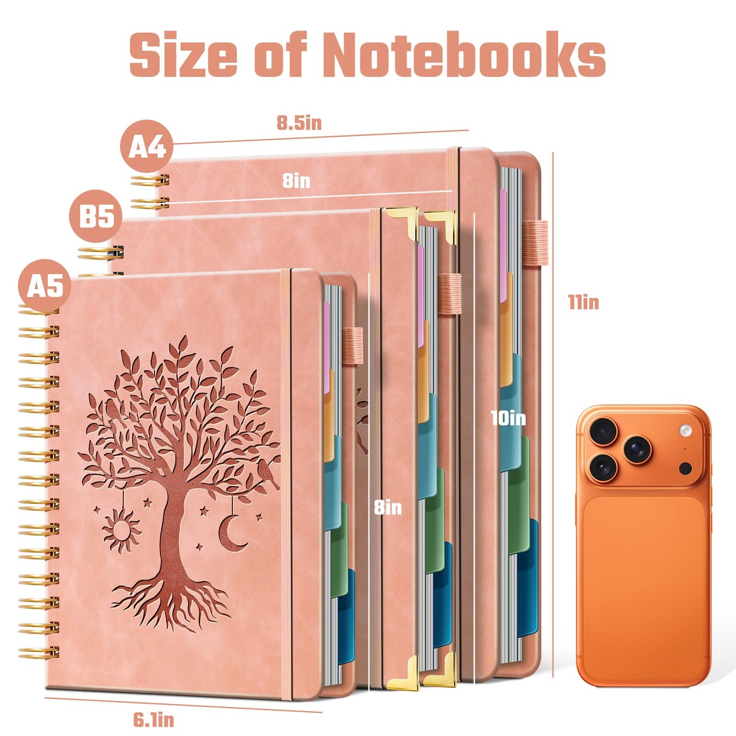 Ovesmusl Hardcover Spiral Notebook 8" x 10" with 5 Removable Dividers 300 Pages Leather 5 Subject Notebook College Ruled 100GSM Large Spiral Notebooks for Work Thick Lined Journal for Women, Pink