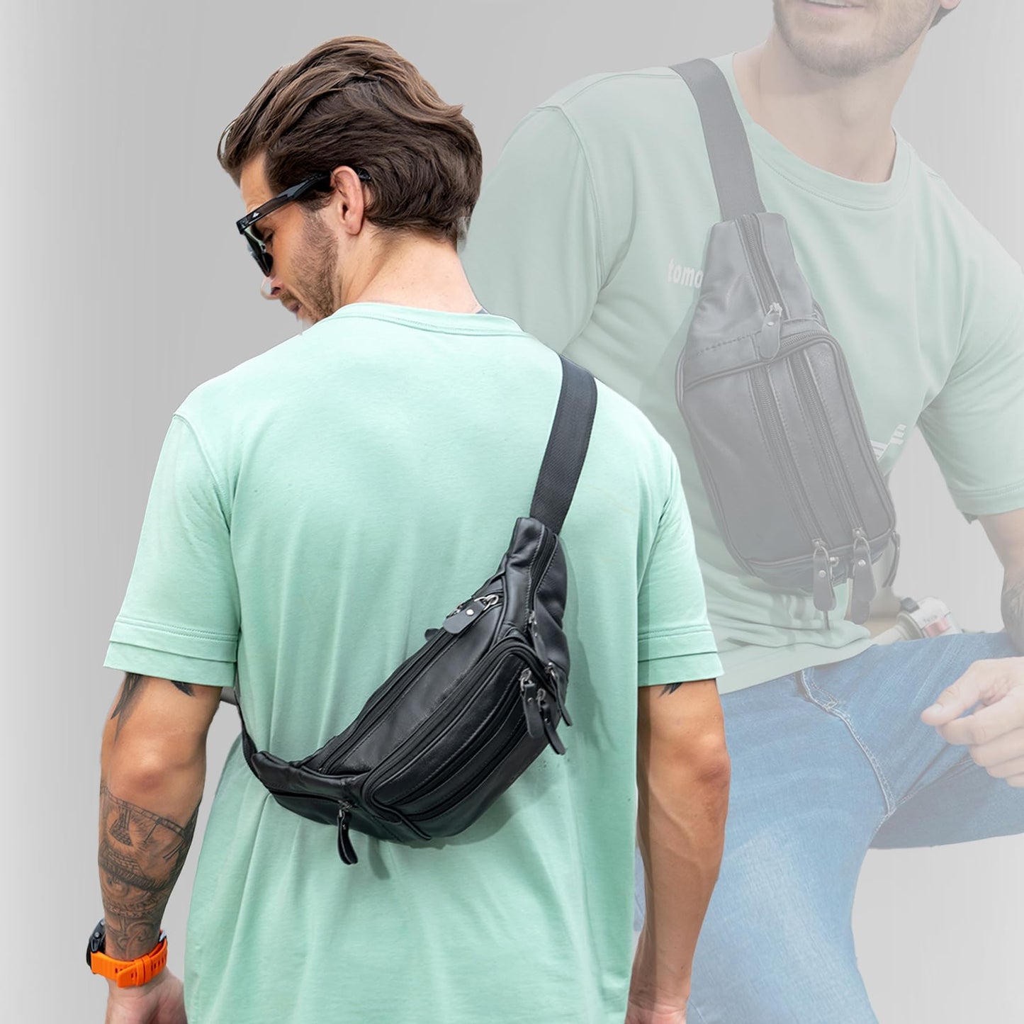 OrrinSports Black Leather Fanny Pack for Men & Women, Fashionable Multi-Pockets Waist Belt Bag for Travel Sports Hiking Cycling Fishing Running