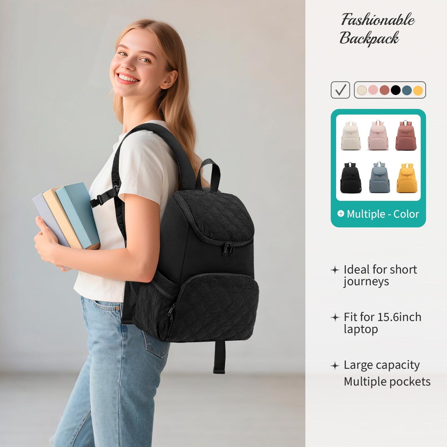 NOL Natural Organic Lifestyle Women's Quilted Puffer Backpack, Large Waterproof Lightweight Puffy Bookbag, Carry on Daypack for Travel, Work (Black)