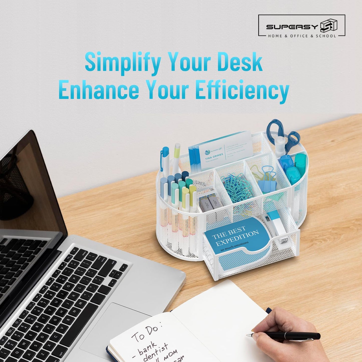 SUPEASY Mesh Desk Organizer, Desk Accessories & Workspace Organizers with Drawers, Pencil Holder for Desk with 9 Compartments for Office Suppliess, School, Classroom, 8.6 x 4.3 x 4.1 Inch, White