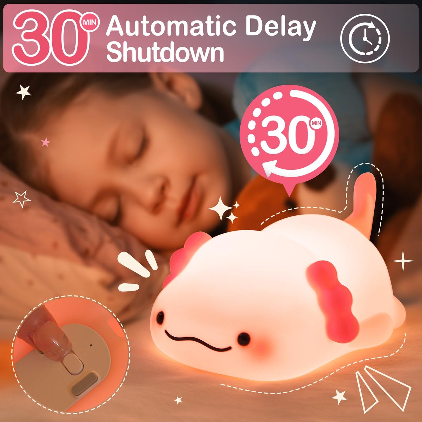 LettreQ Axolotl Night Light for Kids, Rechargeable Cute Squishy lamp - Silicone Adorable Christmas Axolotl Gifts for Kids - Nightlight Nursery Animal Touch Light - Bedroom Decor for Boy, Girls