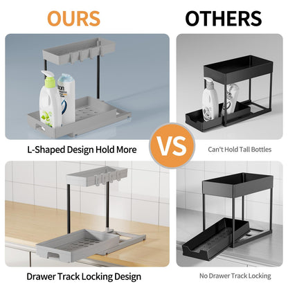 Delamu 2 Pack Under Sink Organizers and Storage, 2 Tier Pull Out Bathroom Cabinet Organizer, L-Shape Black Under Bathroom Kitchen Sink Organizer with Drawer for Under Sink Storage Organizer