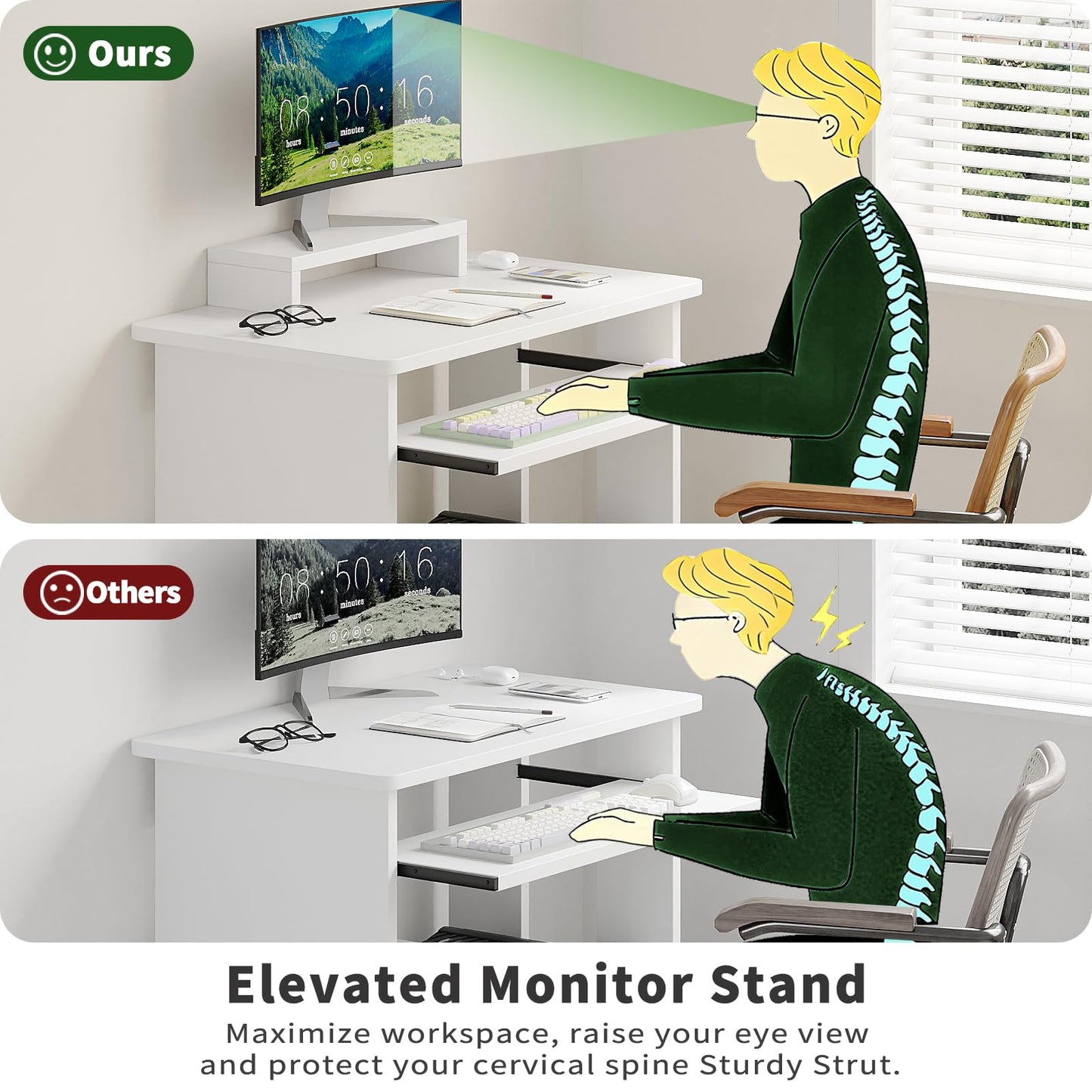 ALISENED 30" Small Computer Desk with Keyboard Tray Monitor Stand, Study Writing Desk with Storage Shelves, Modern Workstation for Small Spaces, Save Space, White