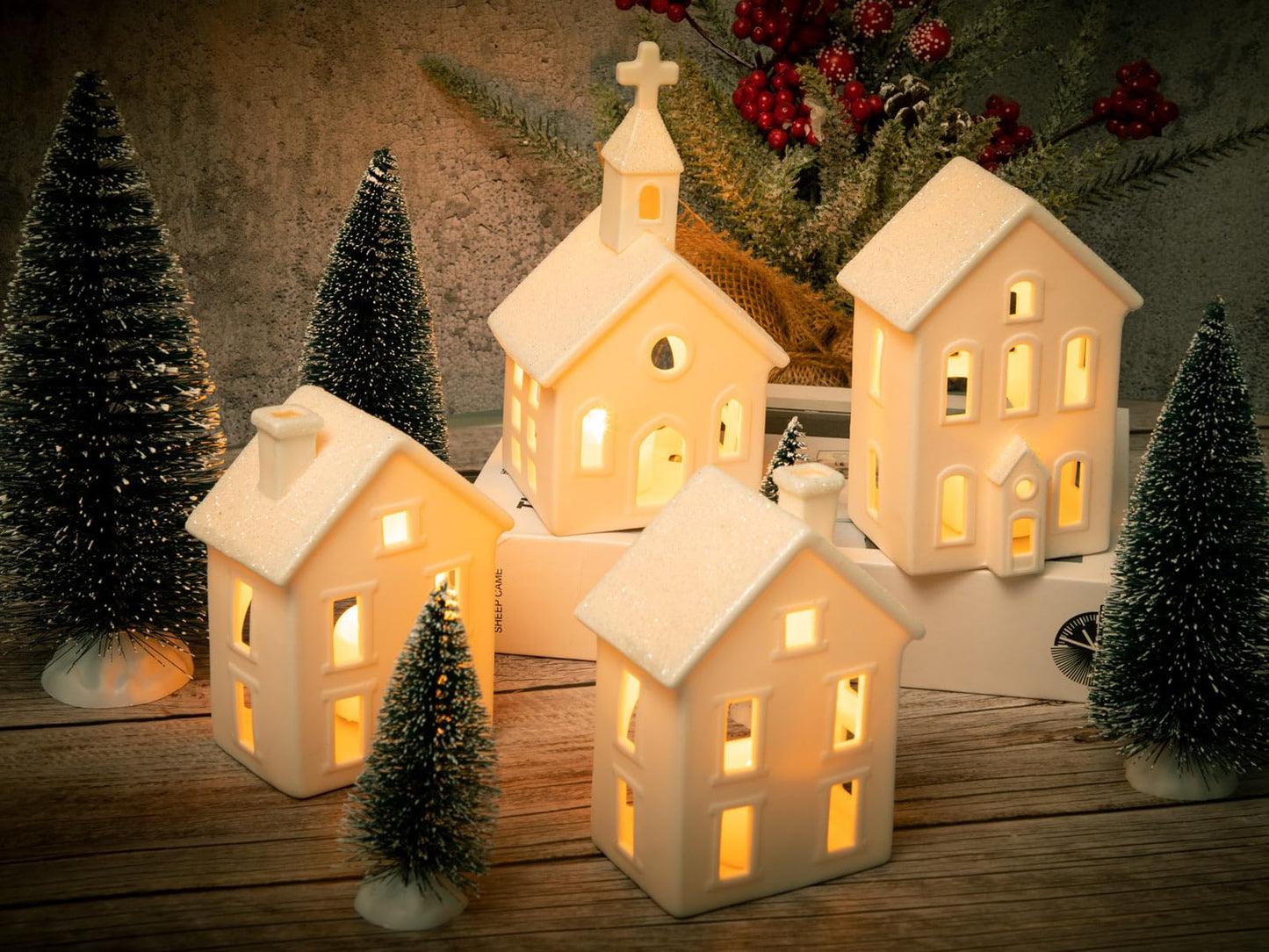 BUTITNOW 9 Pcs Christmas Village Figurines Sets - 4 Lighted Ceramic Houses with Remote Control & 5 Trees - Christmas Decorations Indoor - White Xmas Holiday Farmhouse Rustic Decor for Home Table Room